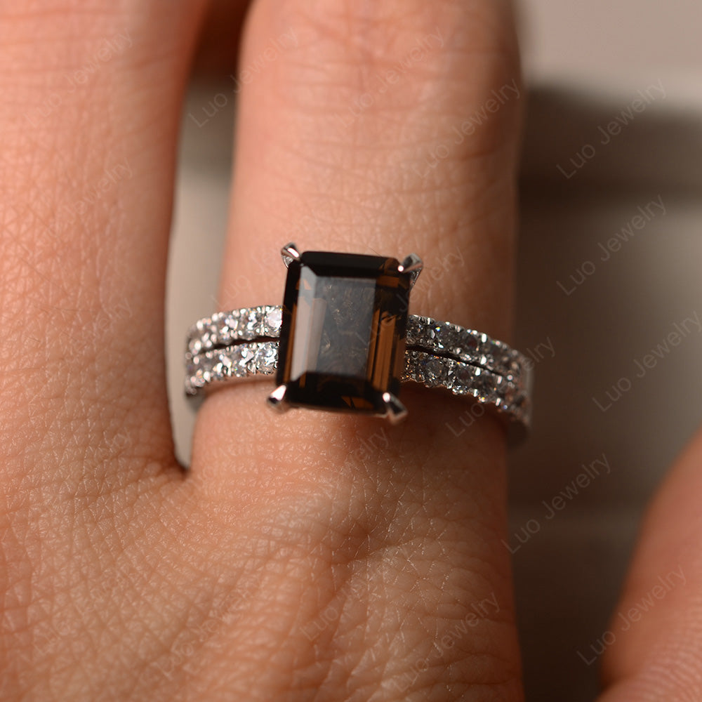 Emerald Cut Smoky Quartz  Bridal Set Wedding Ring - LUO Jewelry