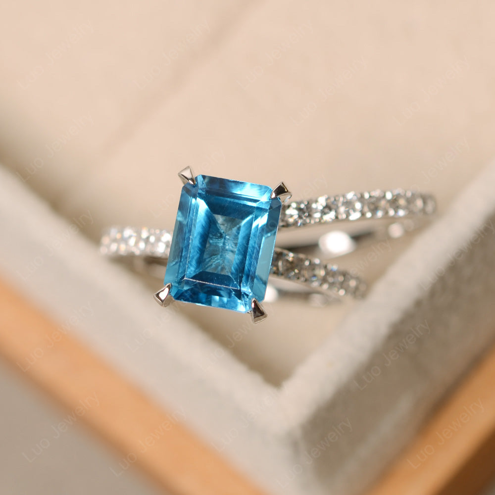 Emerald Cut Swiss Blue Topaz Bridal Set Wedding Ring - LUO Jewelry