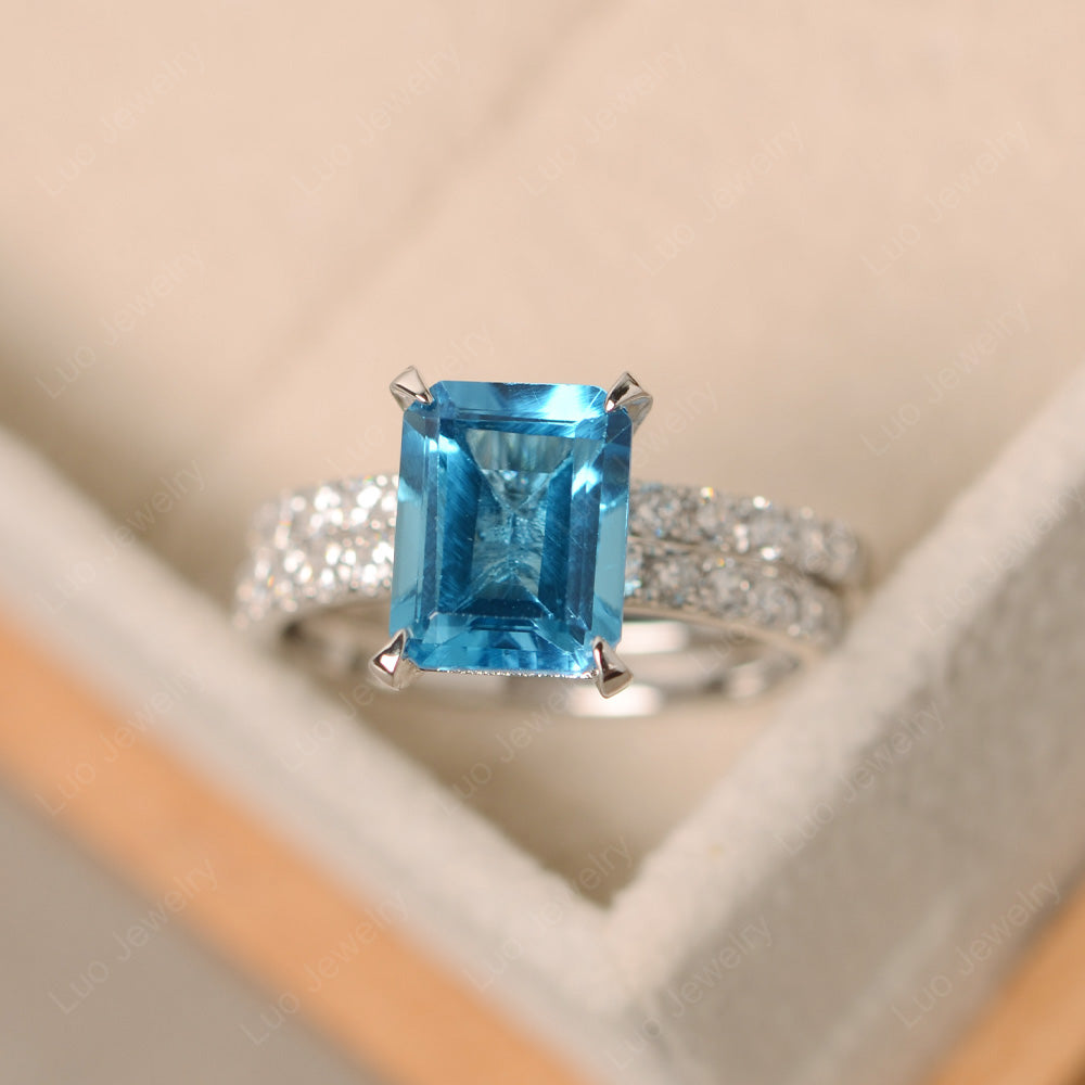 Emerald Cut Swiss Blue Topaz Bridal Set Wedding Ring - LUO Jewelry