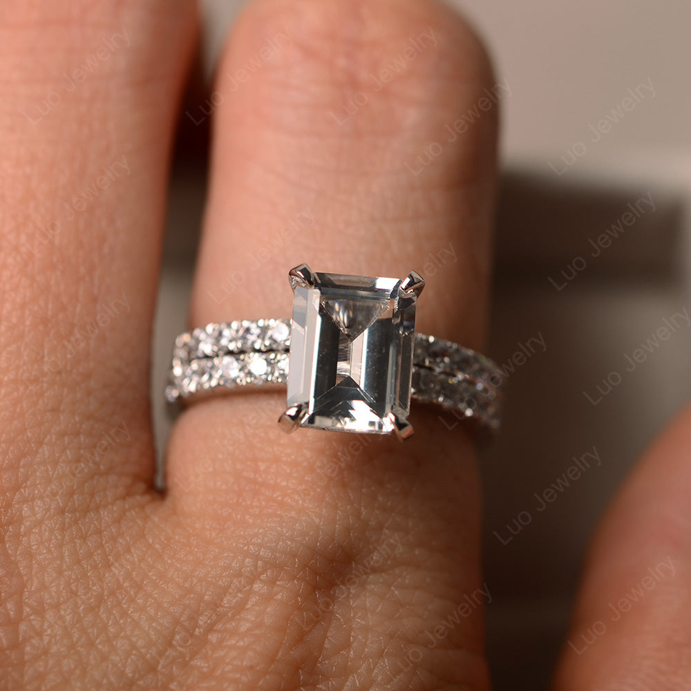 Emerald Cut White Topaz Bridal Set Wedding Ring - LUO Jewelry