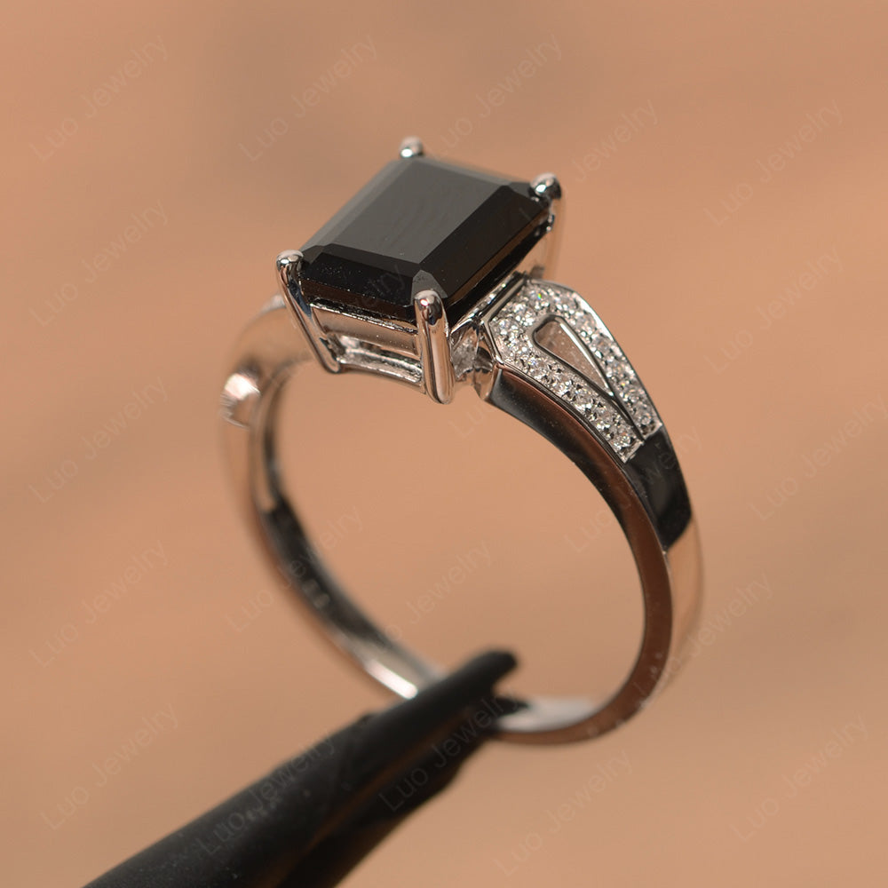 Emerald Cut Black Spinel Wedding Ring White Gold - LUO Jewelry