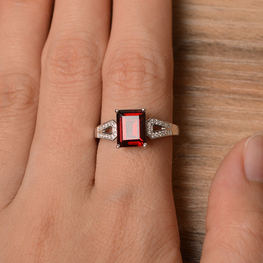 Emerald Cut Garnet Wedding Ring White Gold - LUO Jewelry