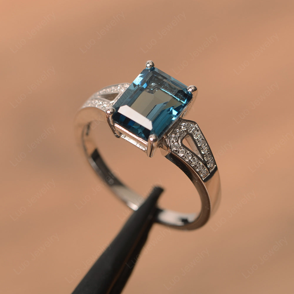 Emerald Cut London Blue Topaz Wedding Ring White Gold - LUO Jewelry