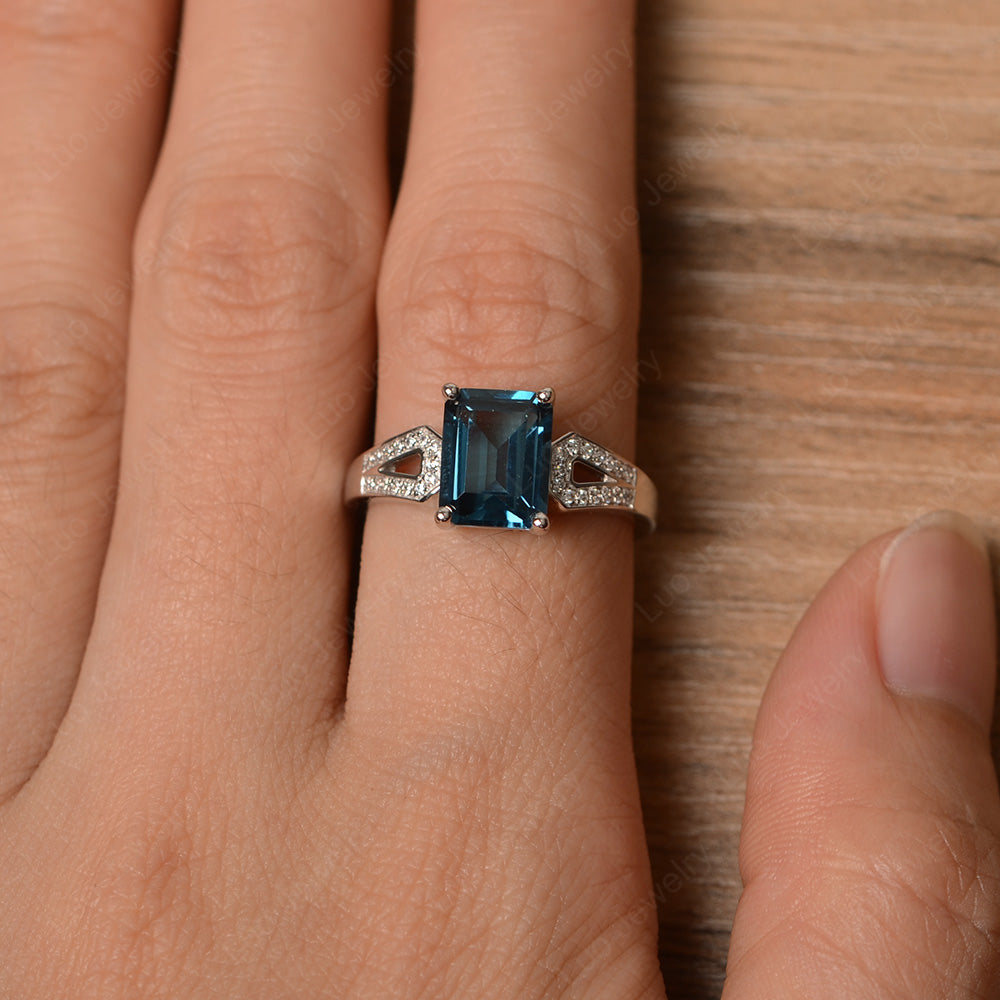 Emerald Cut London Blue Topaz Wedding Ring White Gold - LUO Jewelry