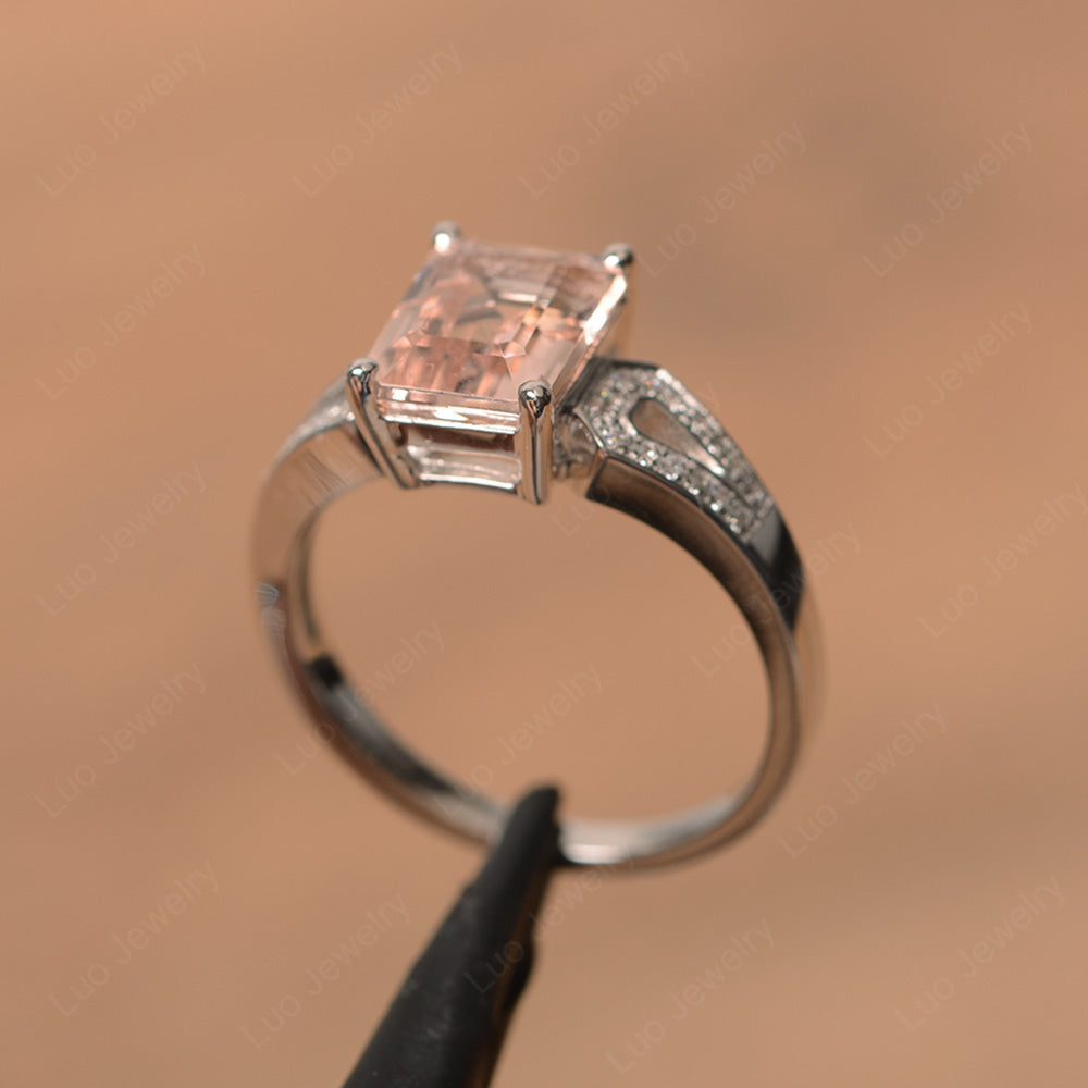 Emerald Cut Morganite Wedding Ring White Gold - LUO Jewelry