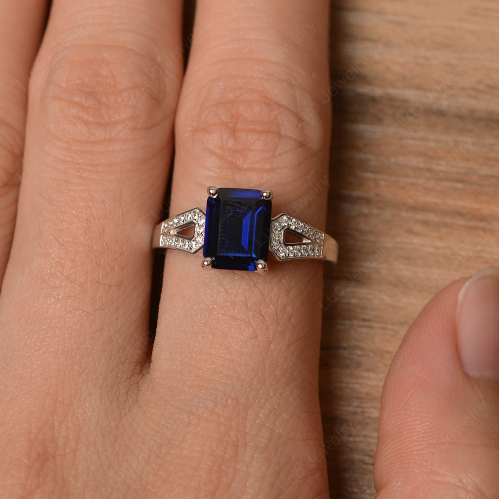 Emerald Cut Lab Sapphire Wedding Ring White Gold - LUO Jewelry