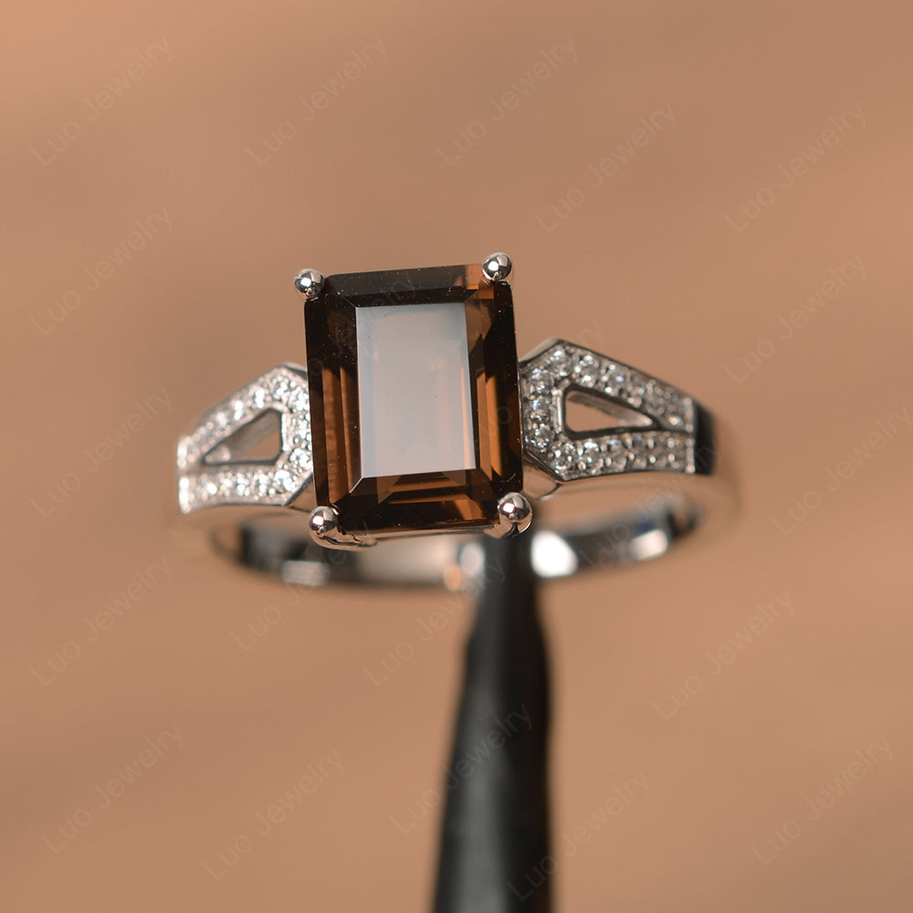 Emerald Cut Smoky Quartz Wedding Ring White Gold - LUO Jewelry