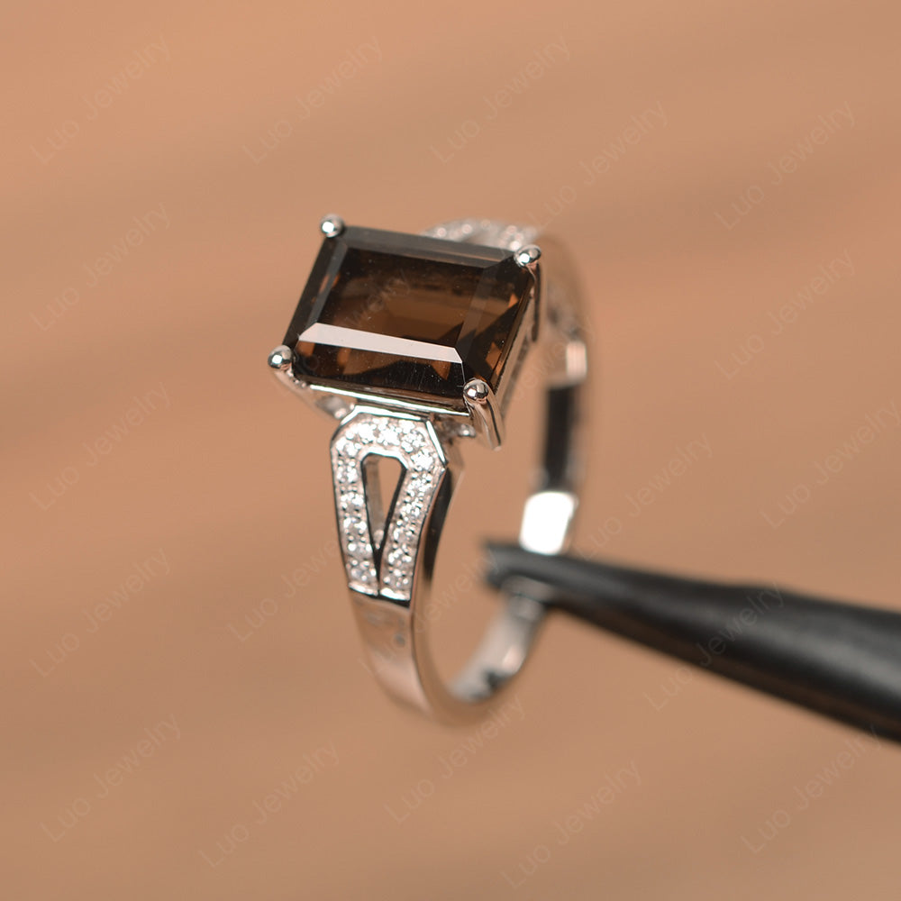 Emerald Cut Smoky Quartz Wedding Ring White Gold - LUO Jewelry