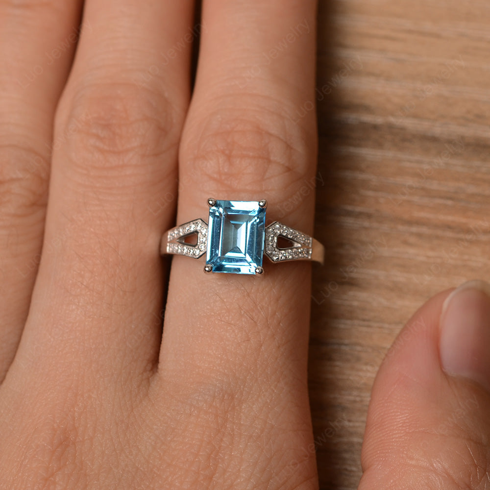 Emerald Cut Swiss Blue Topaz Wedding Ring White Gold - LUO Jewelry