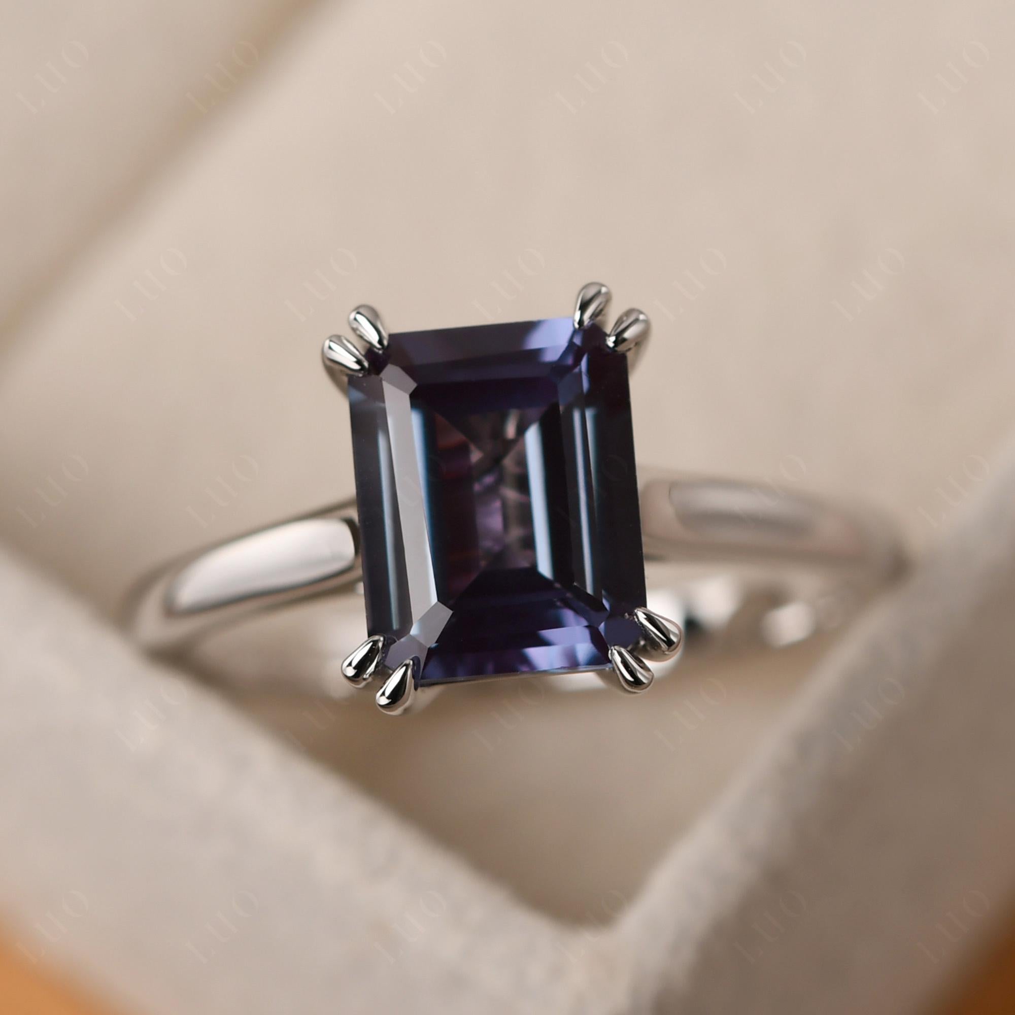 Emerald Cut Lab Alexandrite Solitaire Wedding Ring - LUO Jewelry