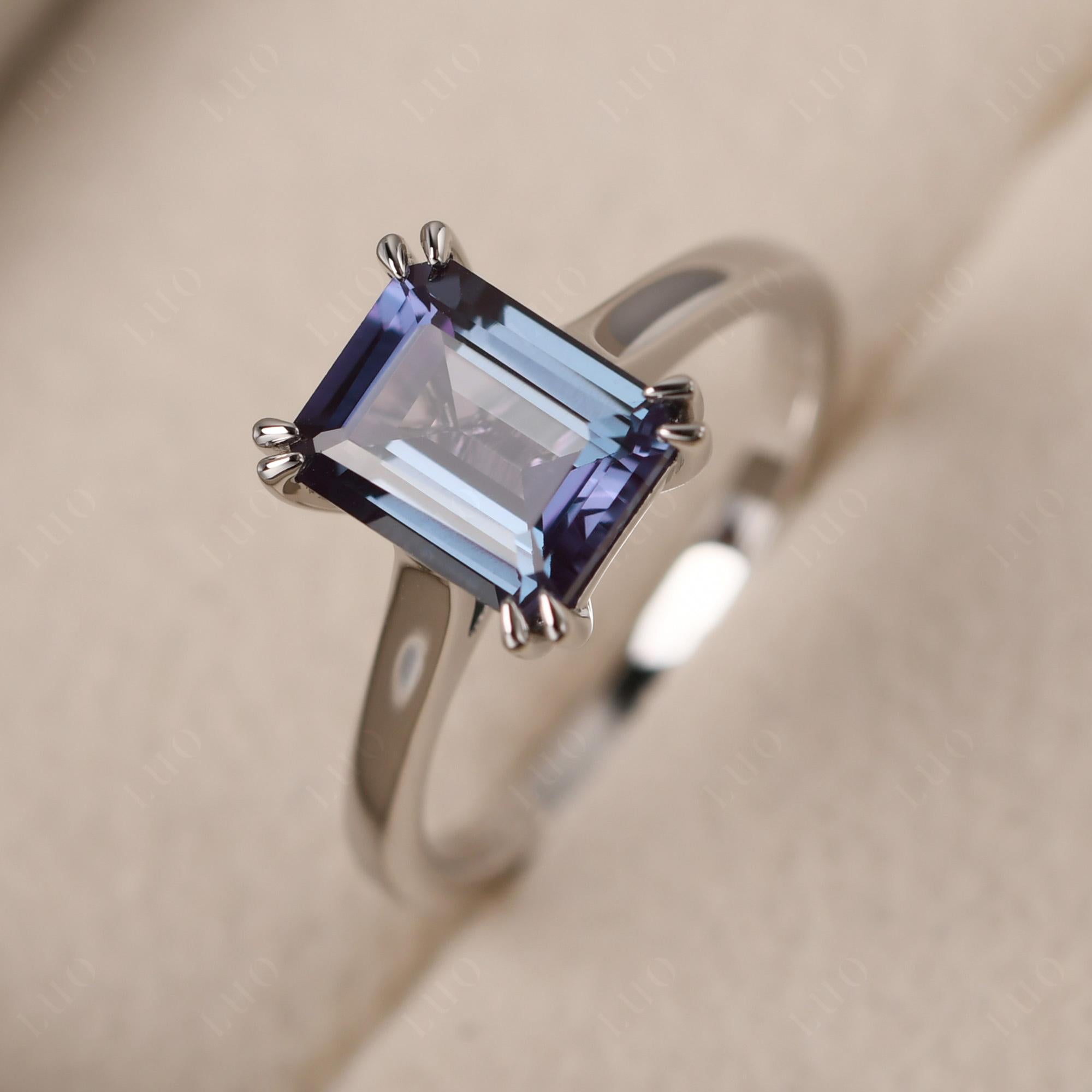 Emerald Cut Lab Alexandrite Solitaire Wedding Ring - LUO Jewelry