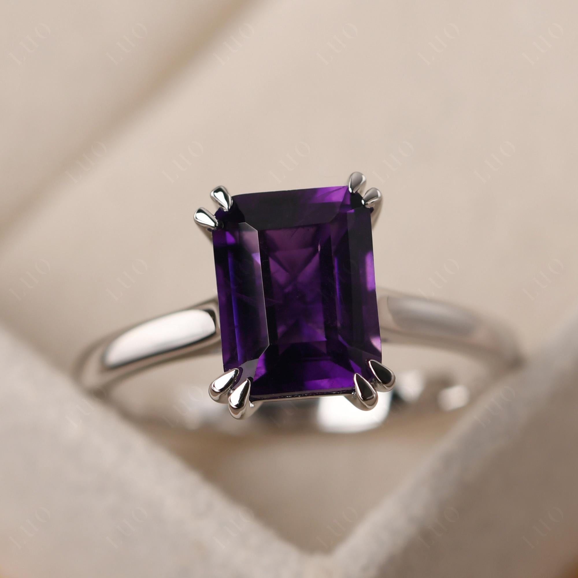 Emerald Cut Amethyst Solitaire Wedding Ring - LUO Jewelry