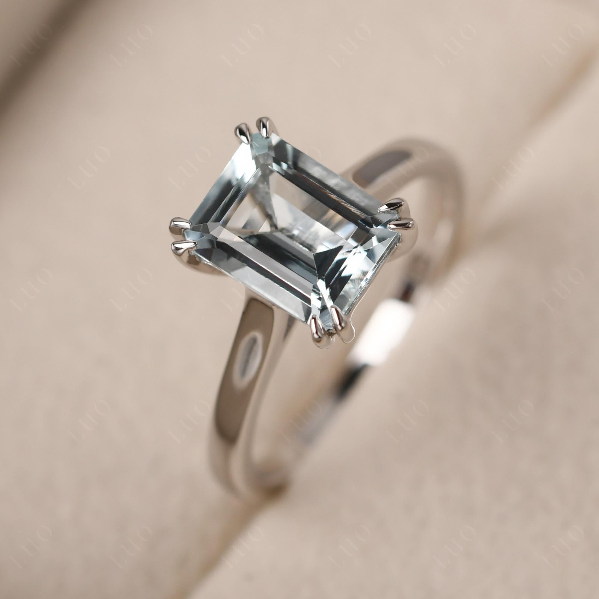 Emerald Cut Aquamarine Solitaire Wedding Ring - LUO Jewelry