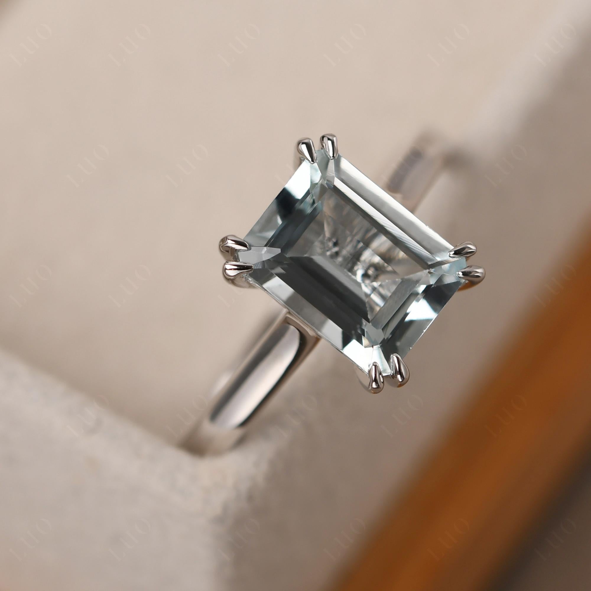 Emerald Cut Aquamarine Solitaire Wedding Ring - LUO Jewelry