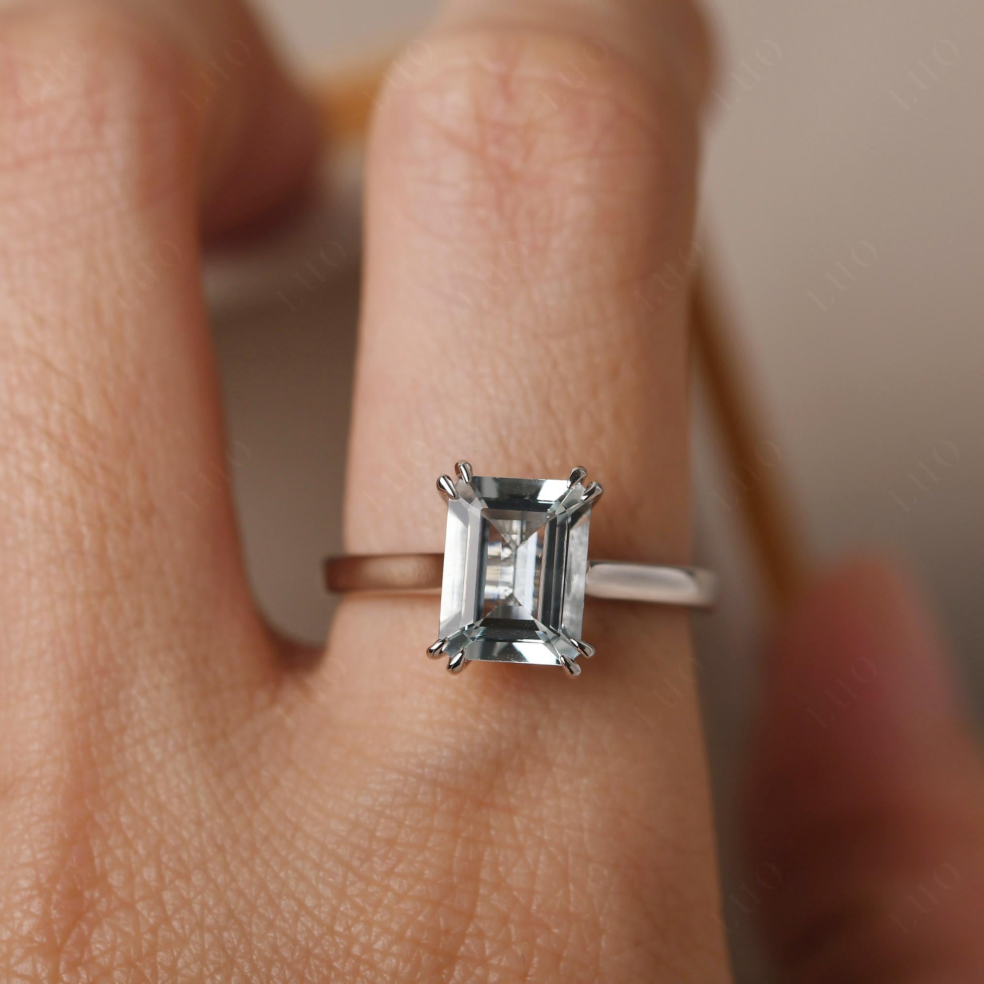 Emerald Cut Aquamarine Solitaire Wedding Ring - LUO Jewelry
