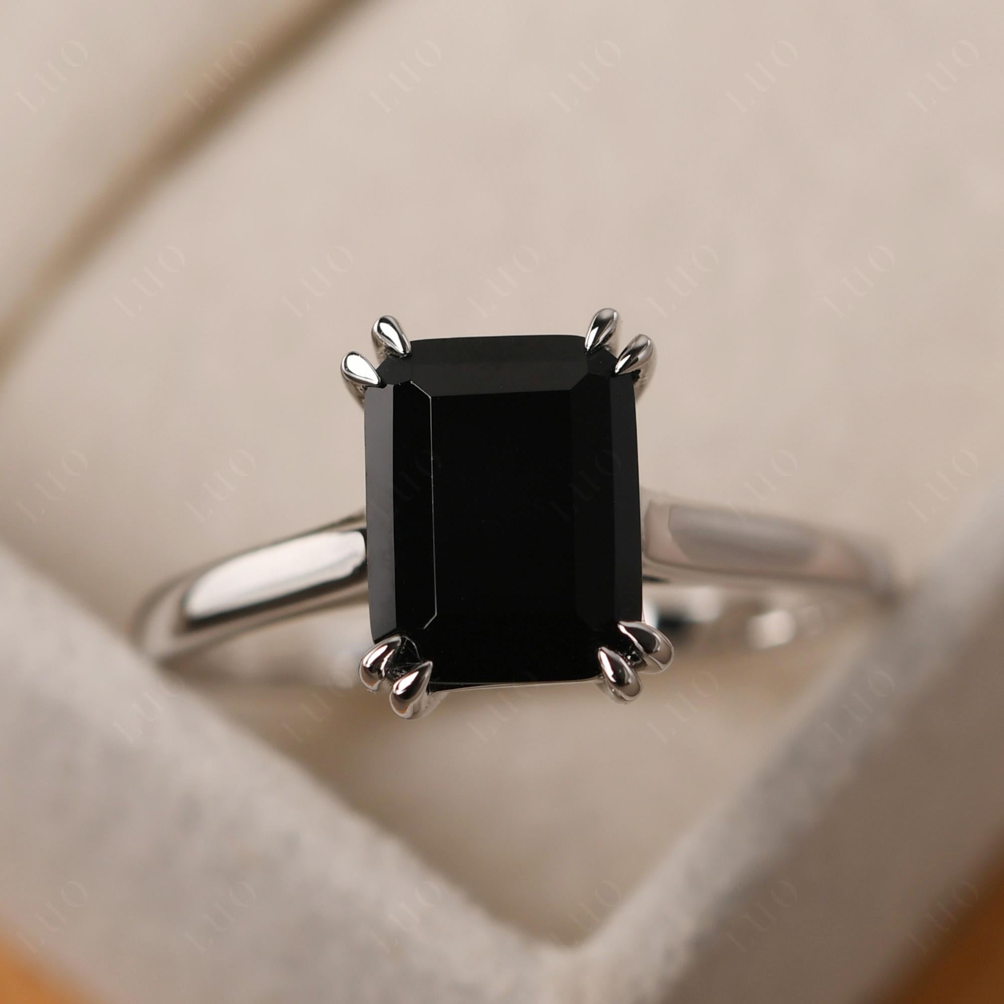Emerald Cut Black Stone Solitaire Wedding Ring - LUO Jewelry