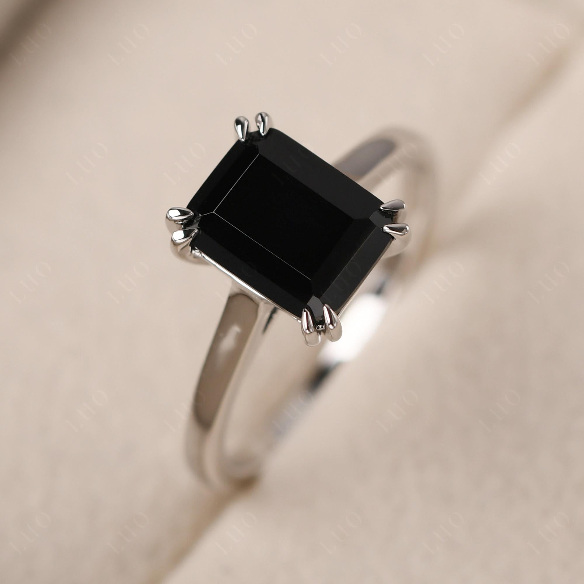 Emerald Cut Black Stone Solitaire Wedding Ring - LUO Jewelry