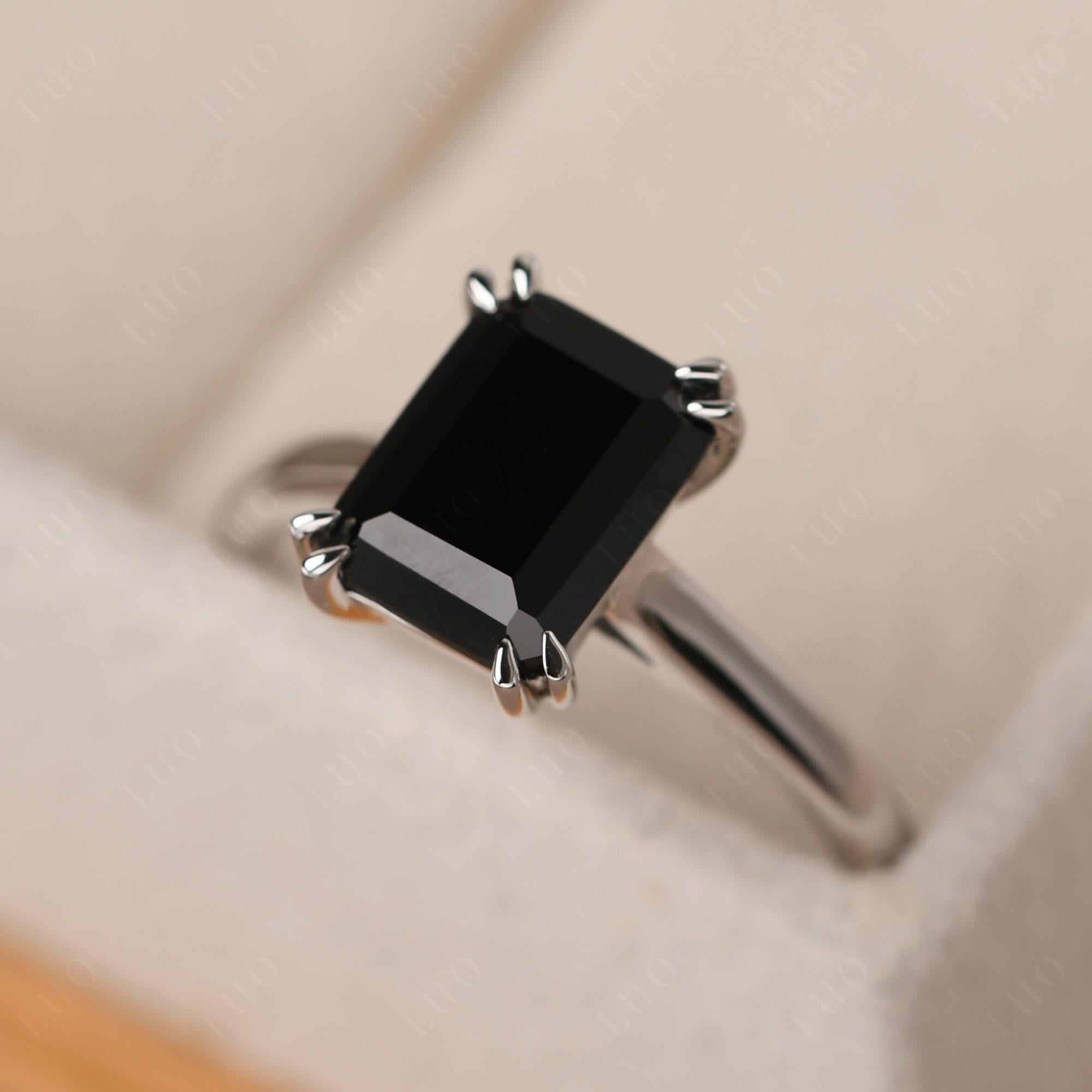 Emerald Cut Black Stone Solitaire Wedding Ring - LUO Jewelry