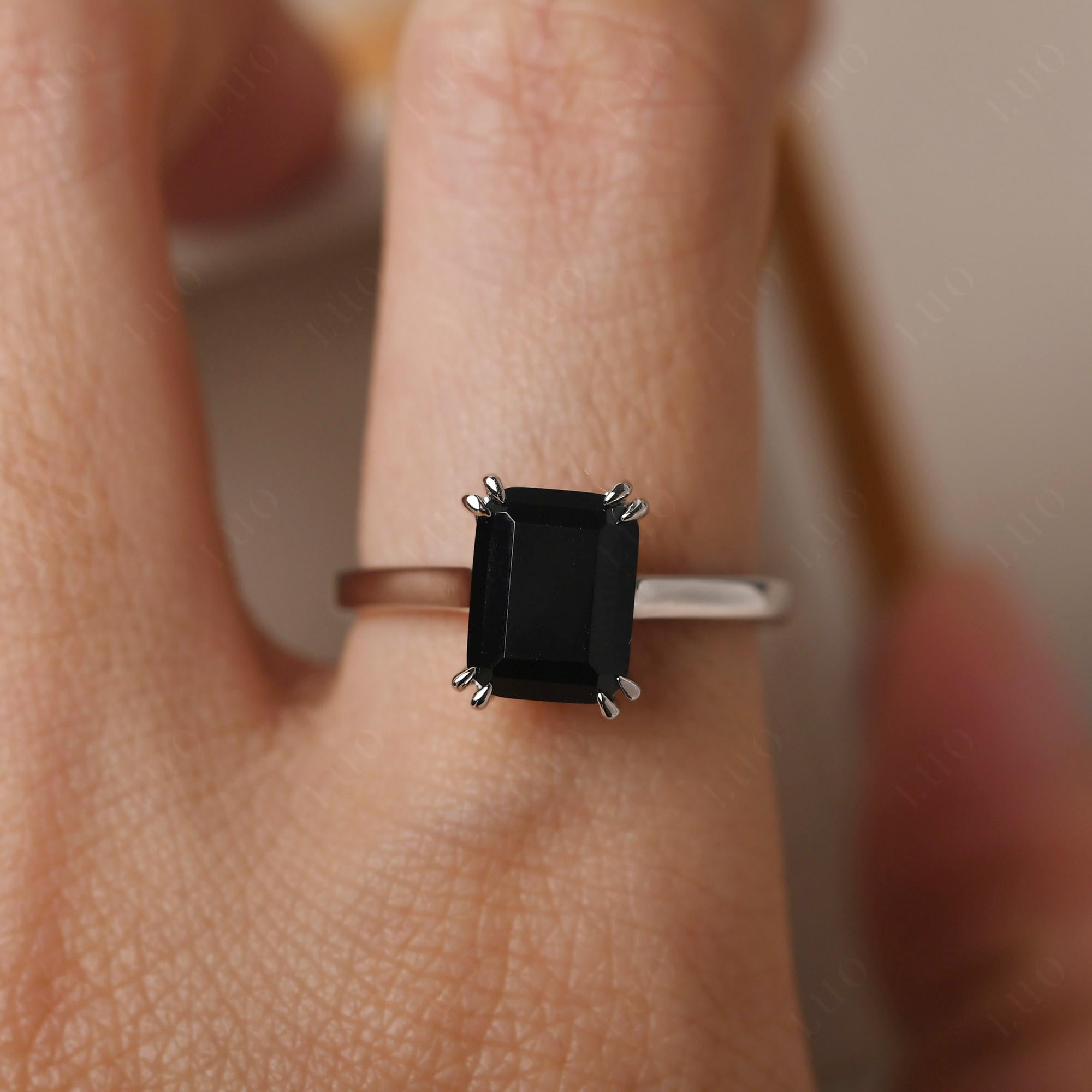 Emerald Cut Black Stone Solitaire Wedding Ring - LUO Jewelry