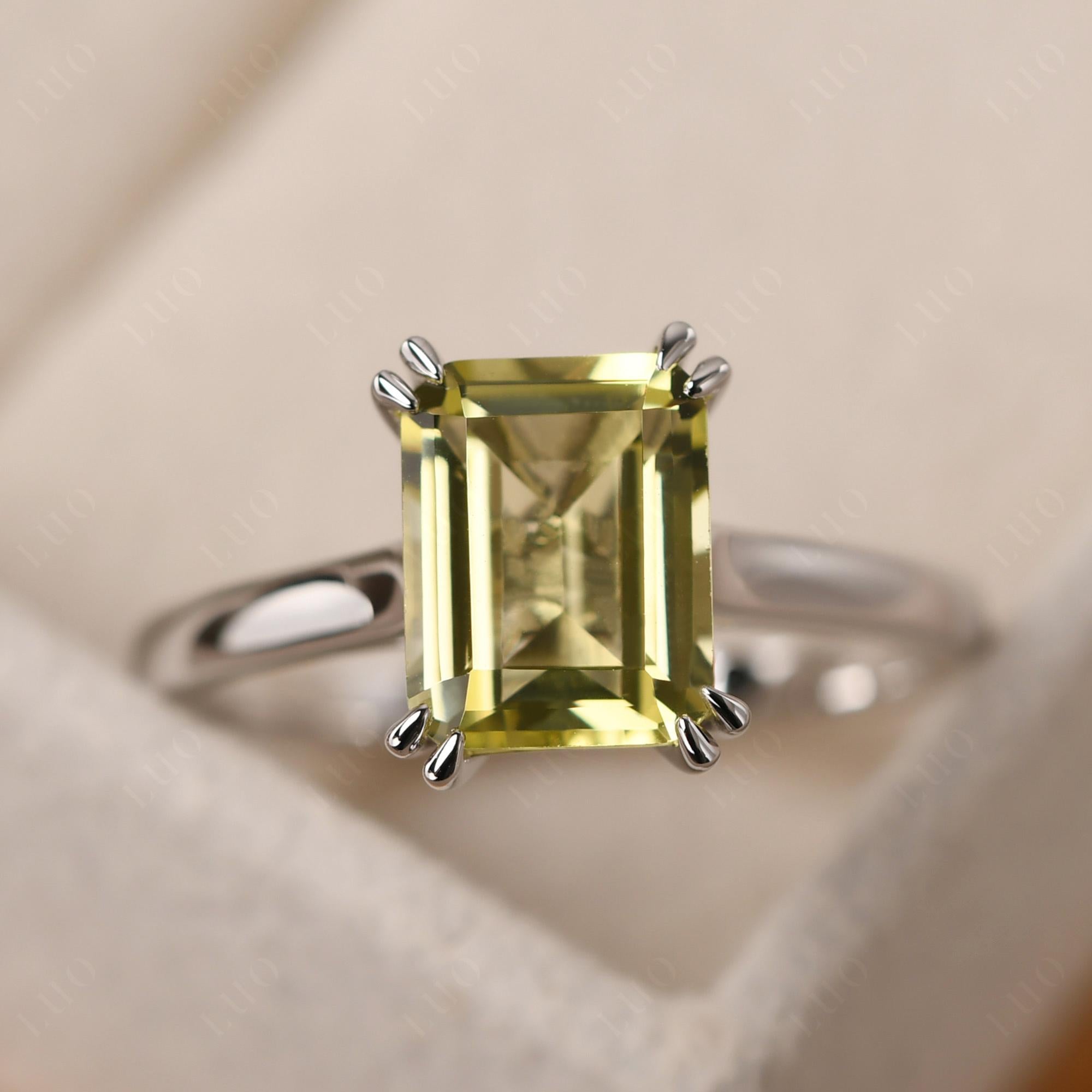 Emerald Cut Lemon Quartz Solitaire Wedding Ring - LUO Jewelry