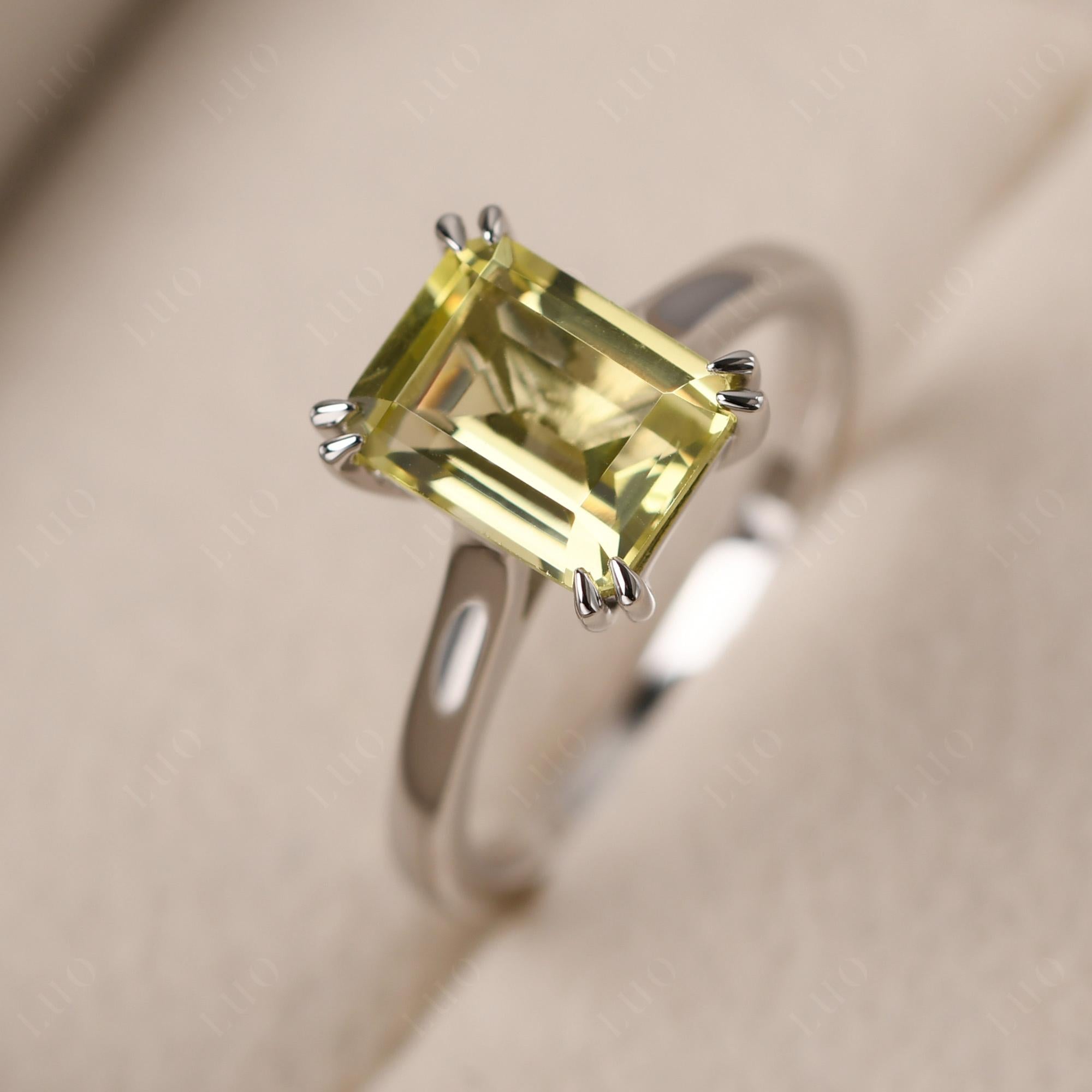 Emerald Cut Lemon Quartz Solitaire Wedding Ring - LUO Jewelry