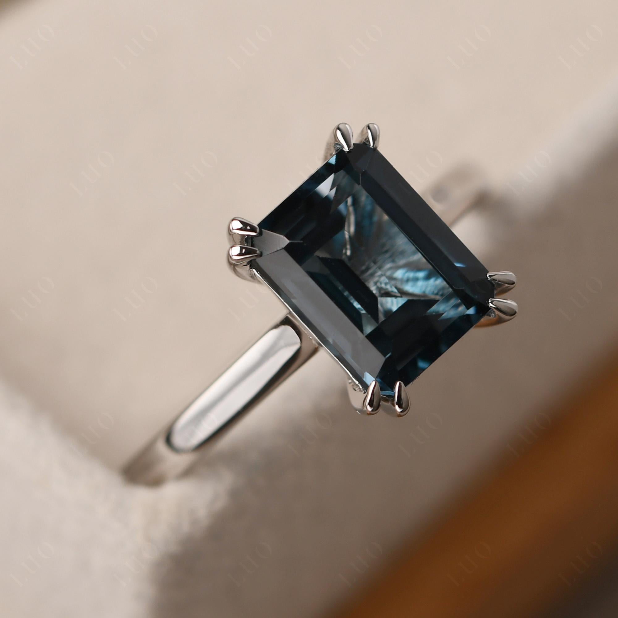 Emerald Cut London Blue Topaz Solitaire Wedding Ring - LUO Jewelry