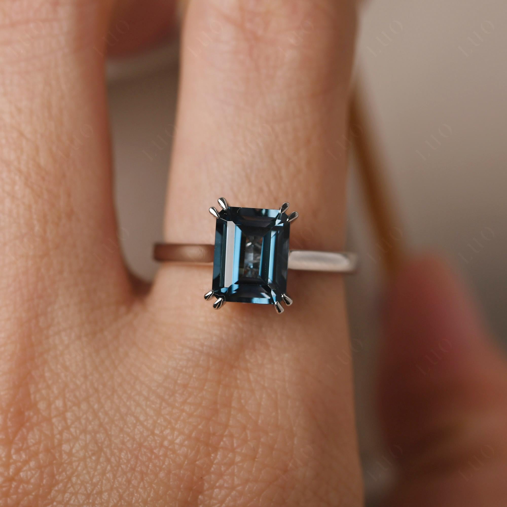 Emerald Cut London Blue Topaz Solitaire Wedding Ring - LUO Jewelry
