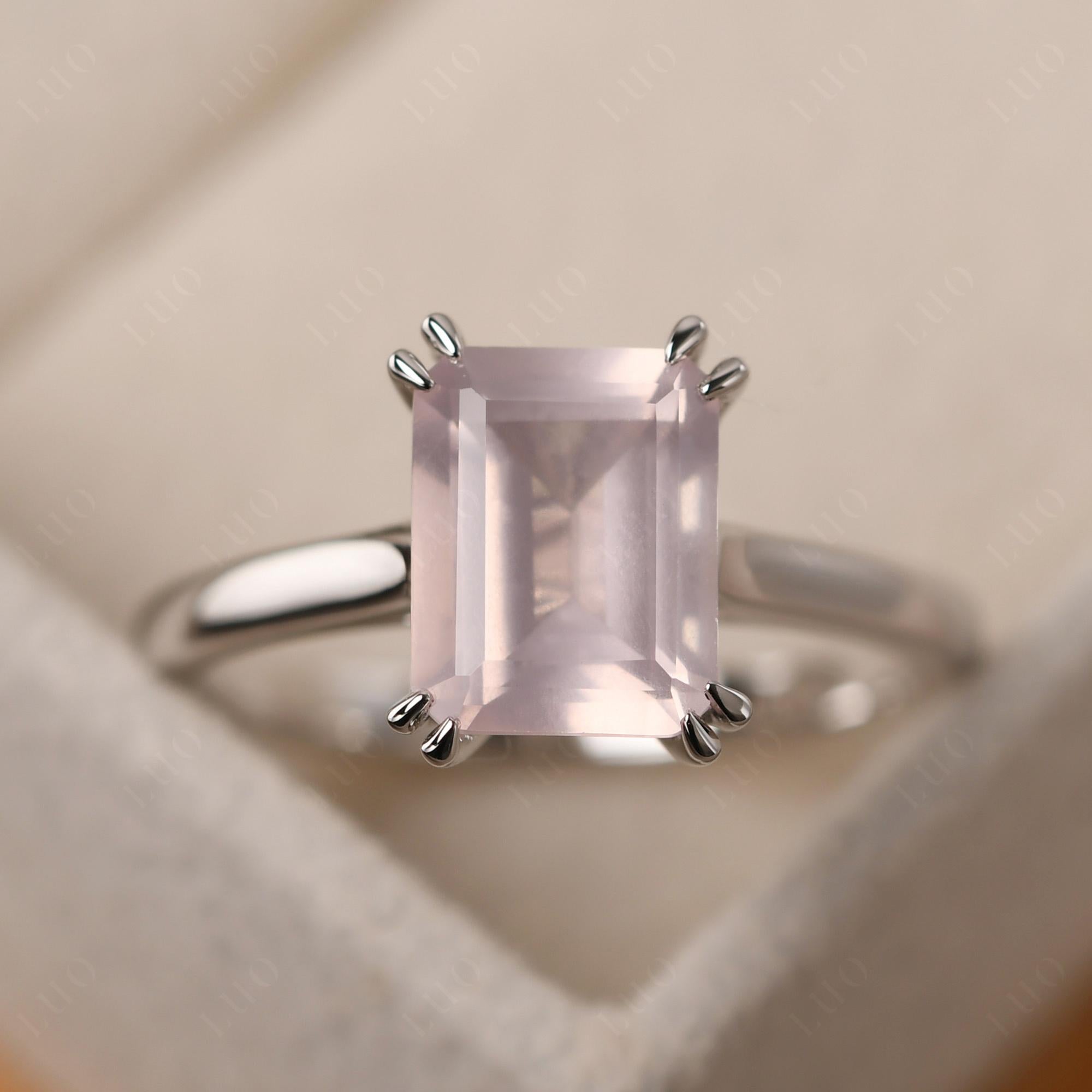Emerald Cut Rose Quartz Solitaire Wedding Ring - LUO Jewelry