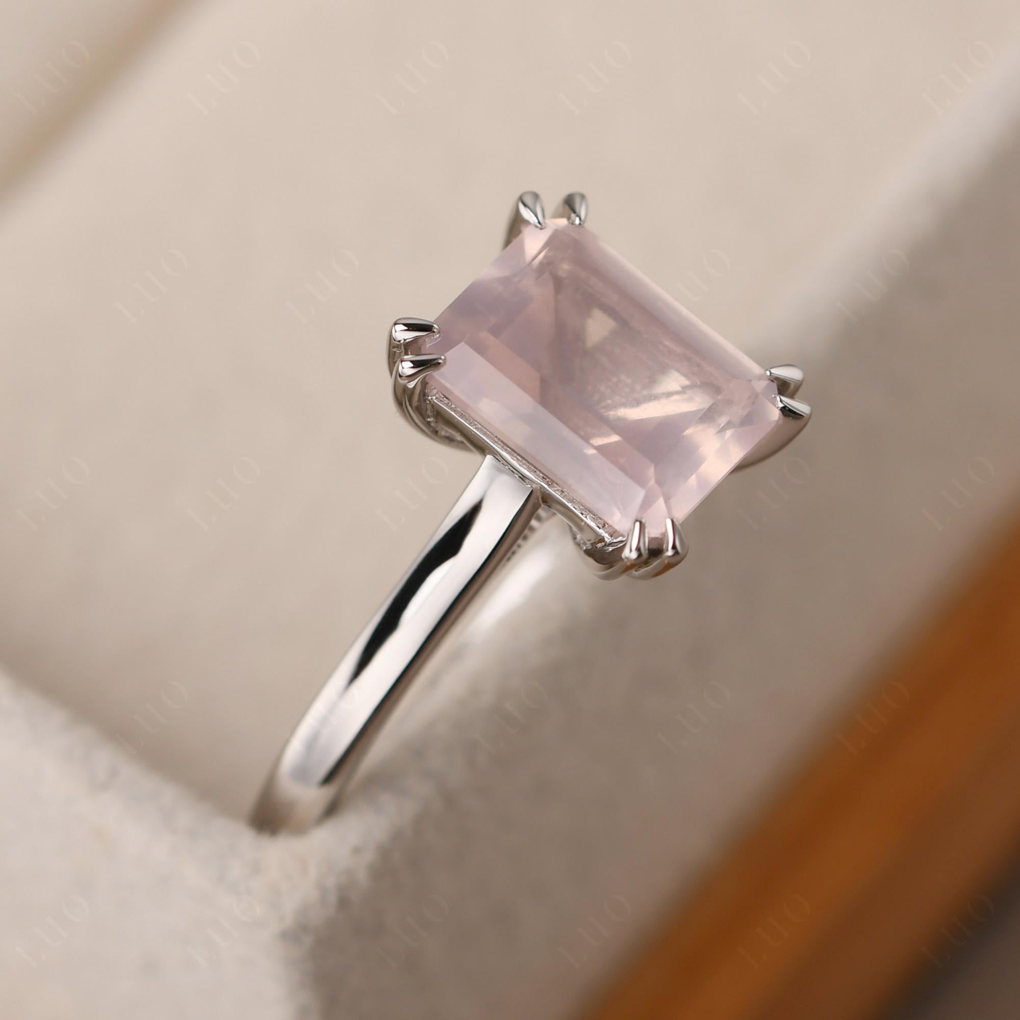 Emerald Cut Rose Quartz Solitaire Wedding Ring - LUO Jewelry