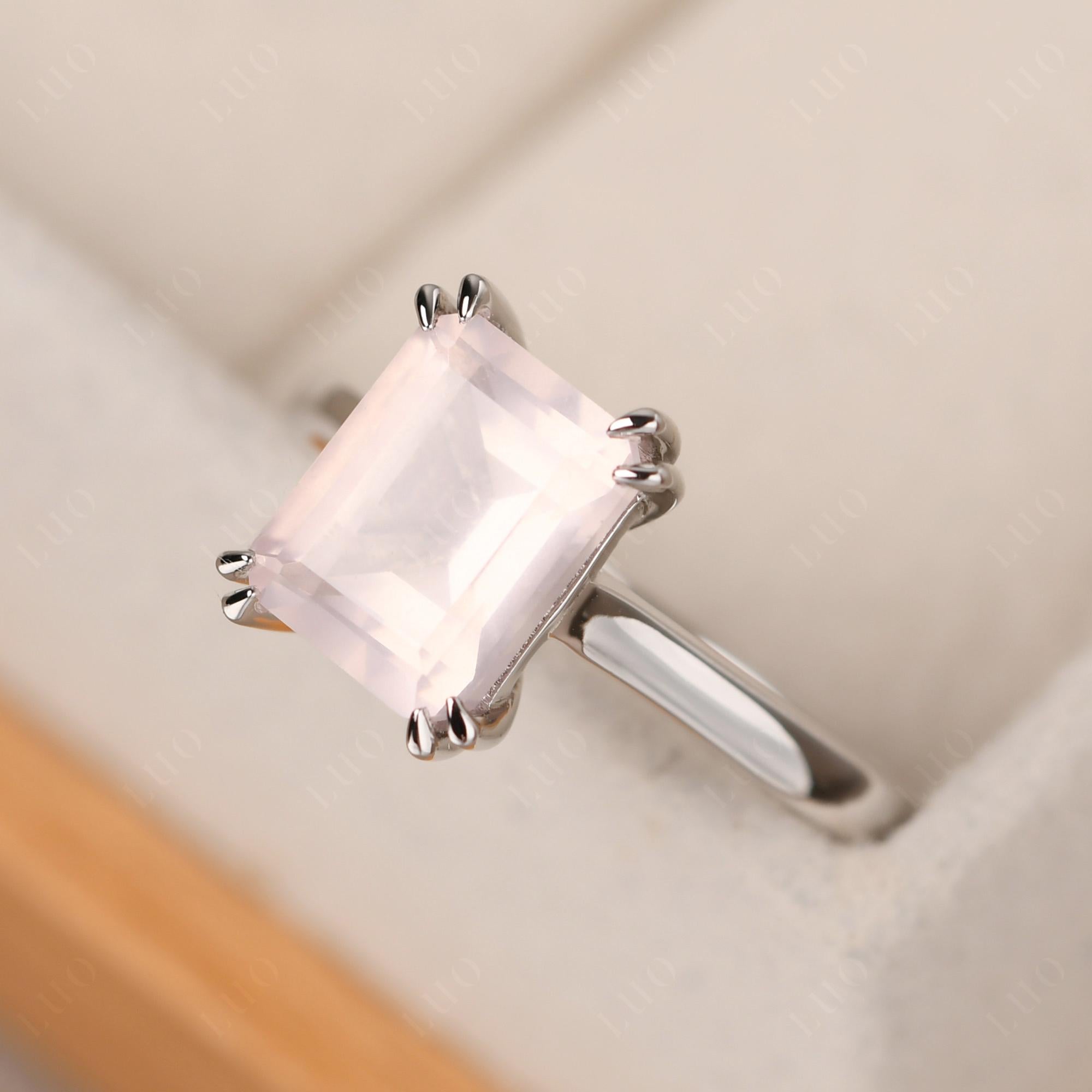 Emerald Cut Rose Quartz Solitaire Wedding Ring - LUO Jewelry