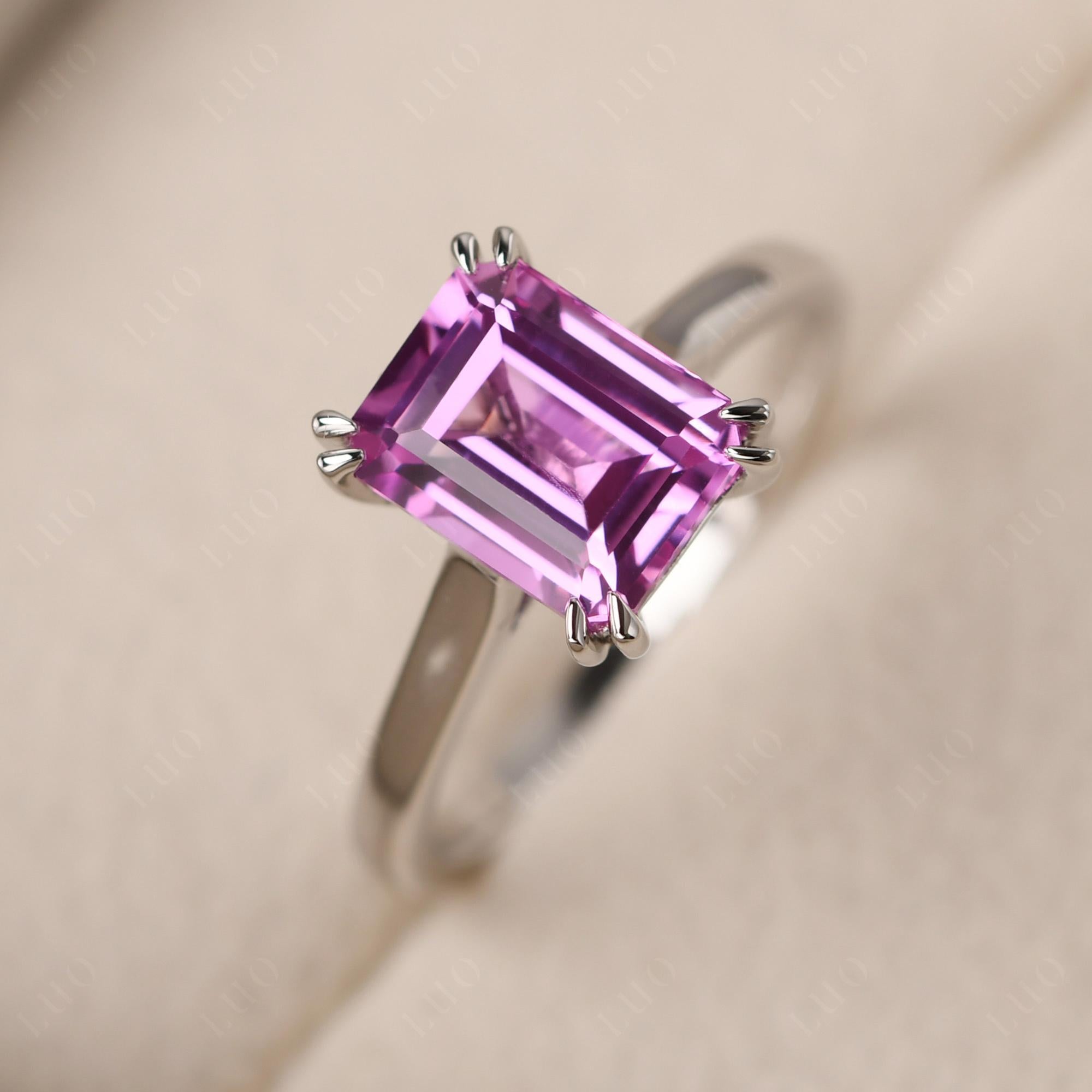 Emerald Cut Lab Created Pink Sapphire Solitaire Wedding Ring - LUO Jewelry