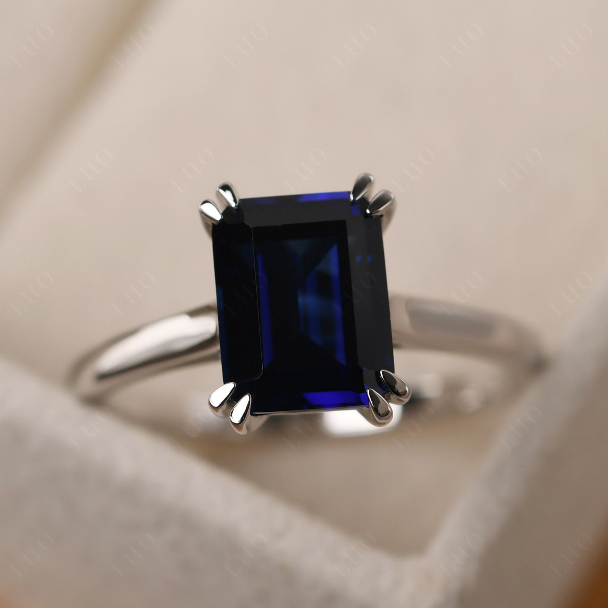 Emerald Cut Lab Sapphire Solitaire Wedding Ring - LUO Jewelry