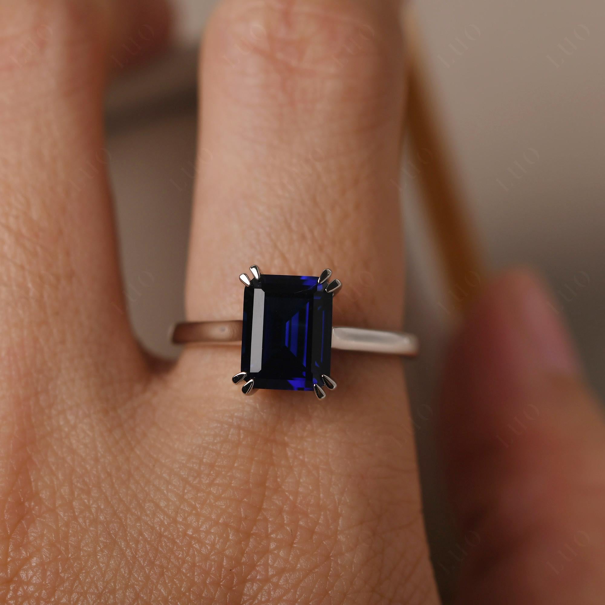 Emerald Cut Lab Sapphire Solitaire Wedding Ring - LUO Jewelry