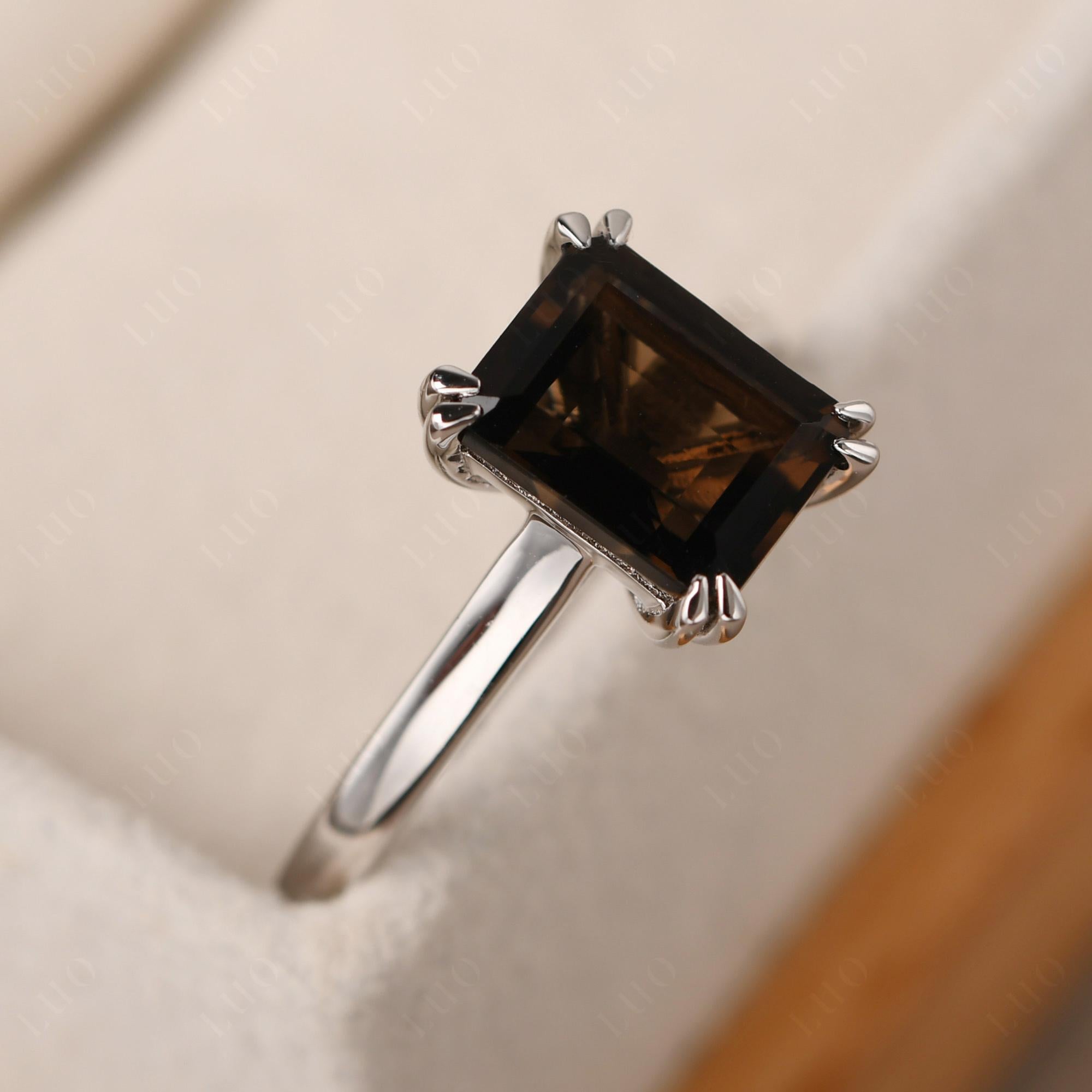 Emerald Cut Smoky Quartz Solitaire Wedding Ring - LUO Jewelry