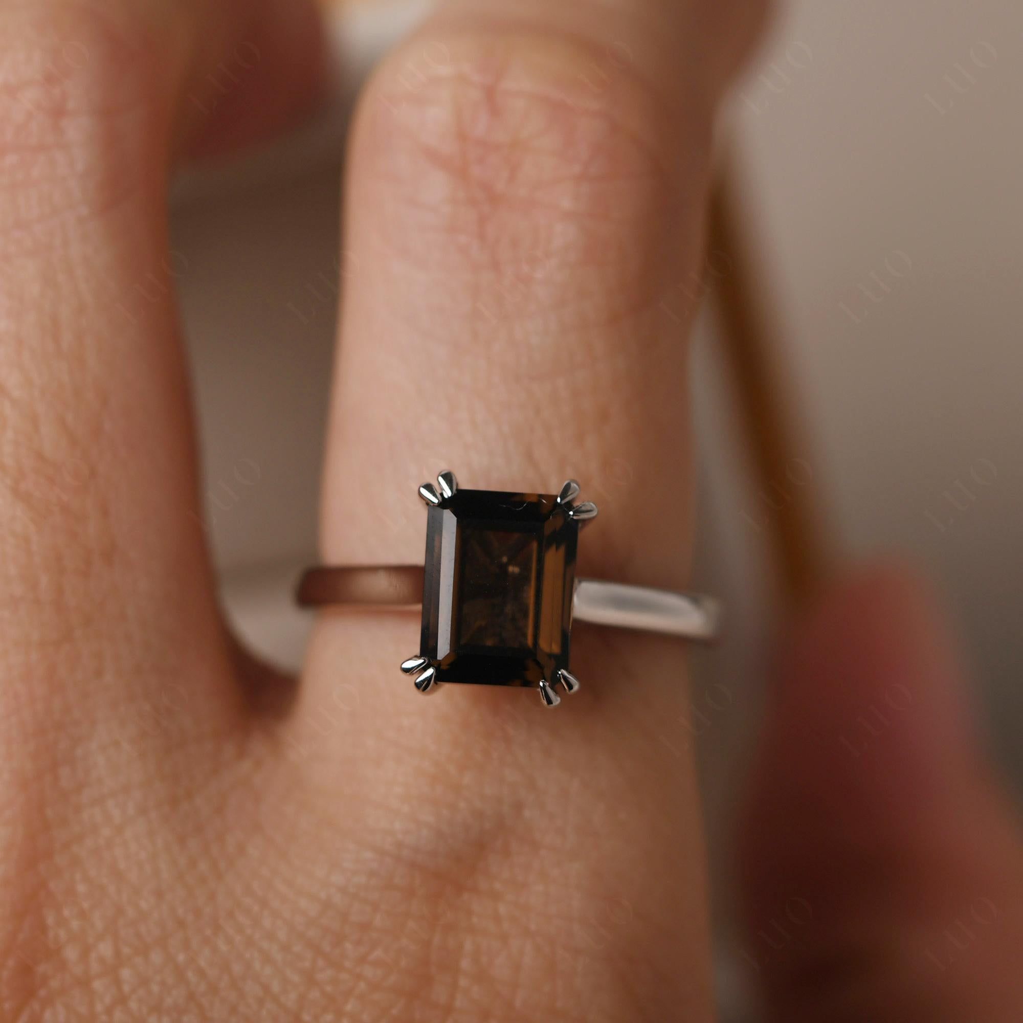 Emerald Cut Smoky Quartz Solitaire Wedding Ring - LUO Jewelry