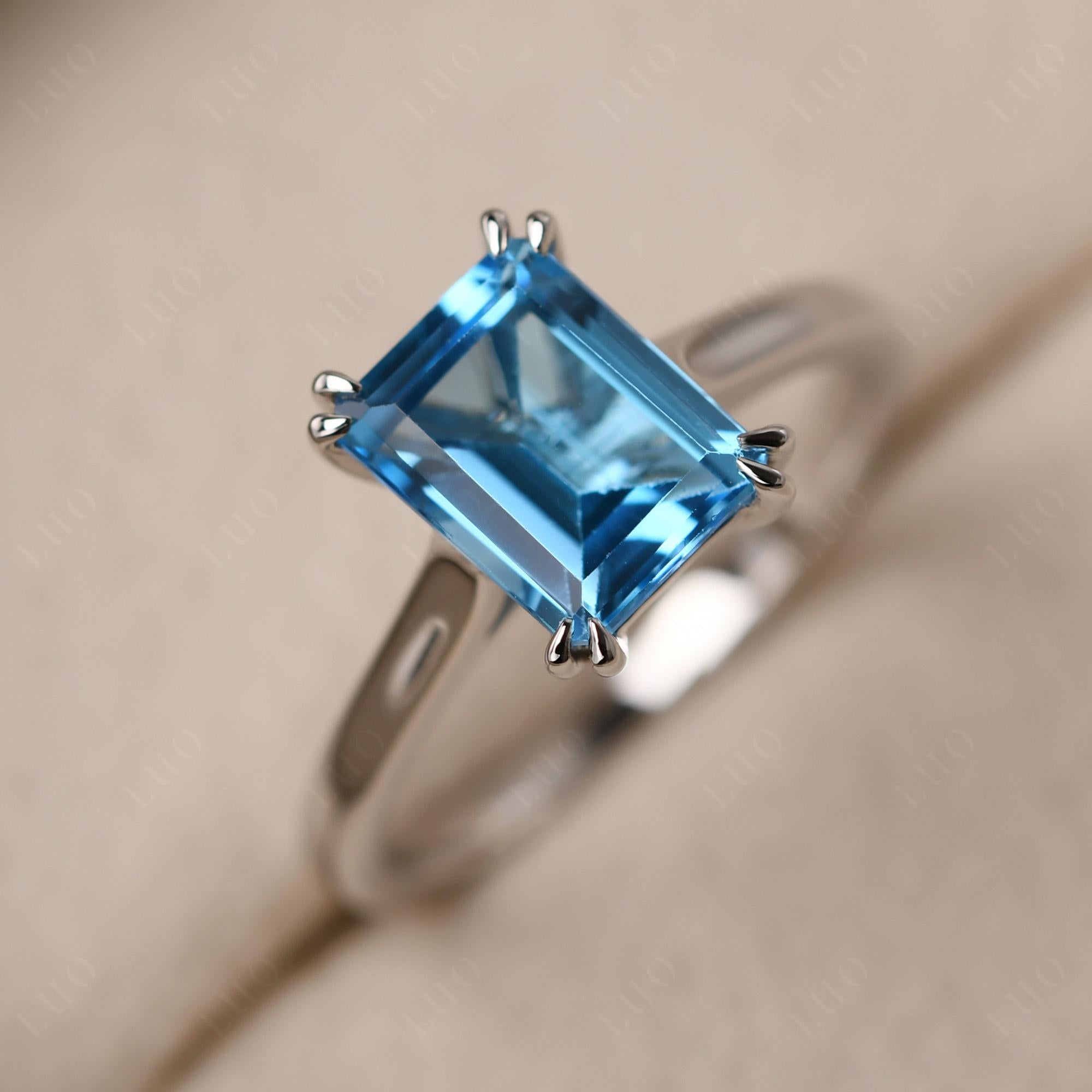 Emerald Cut Swiss Blue Topaz Solitaire Wedding Ring - LUO Jewelry