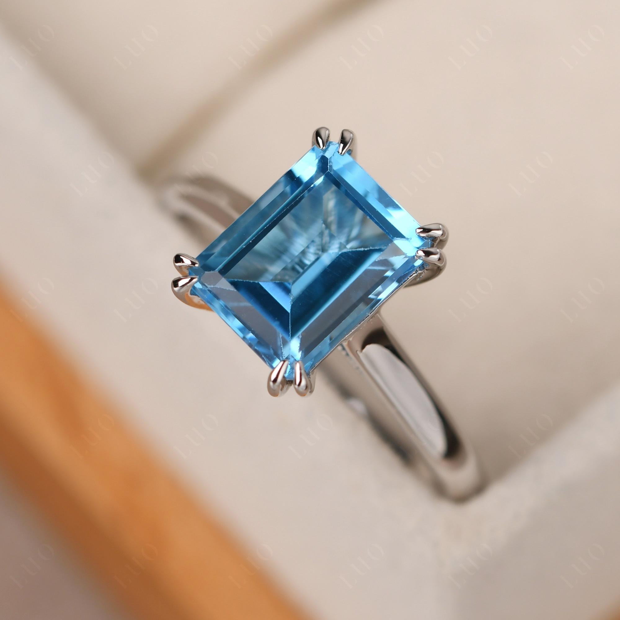 Emerald Cut Swiss Blue Topaz Solitaire Wedding Ring - LUO Jewelry