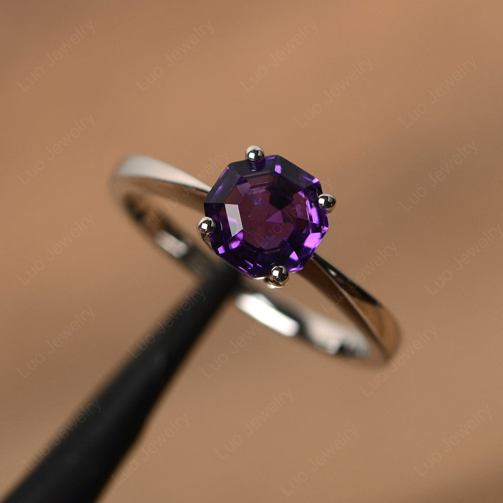 Octagon Cut Amethyst Solitaire Ring White Gold - LUO Jewelry