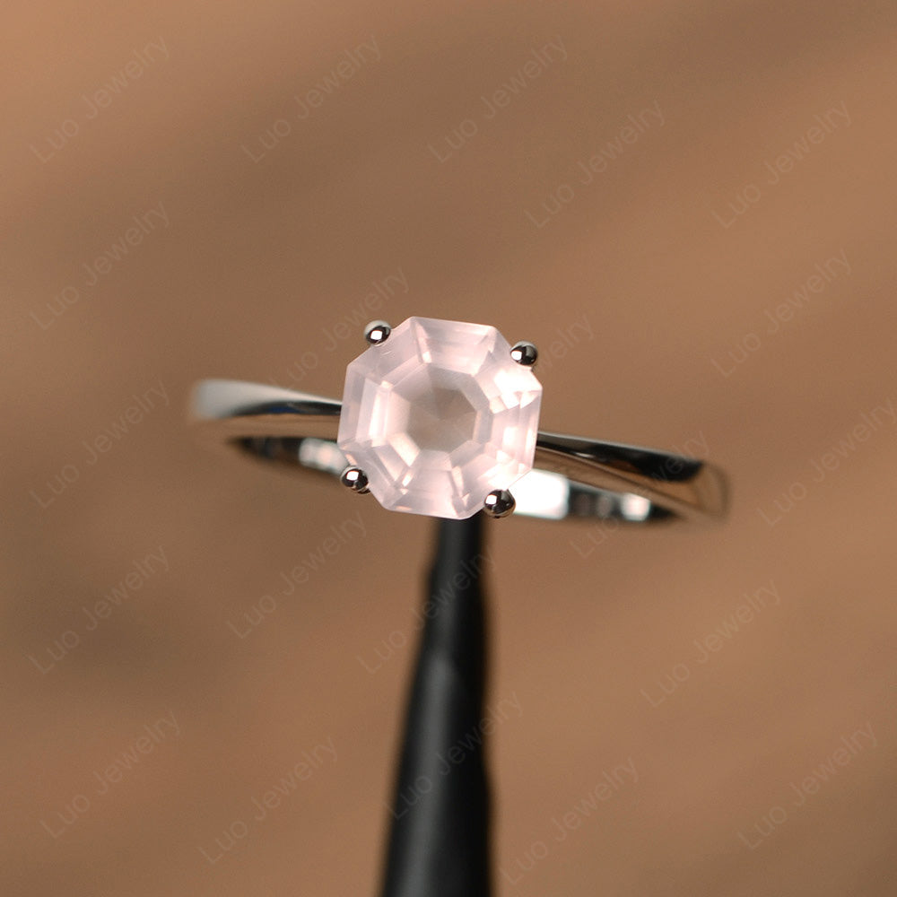 Octagon Cut Rose Quartz Solitaire Ring White Gold - LUO Jewelry