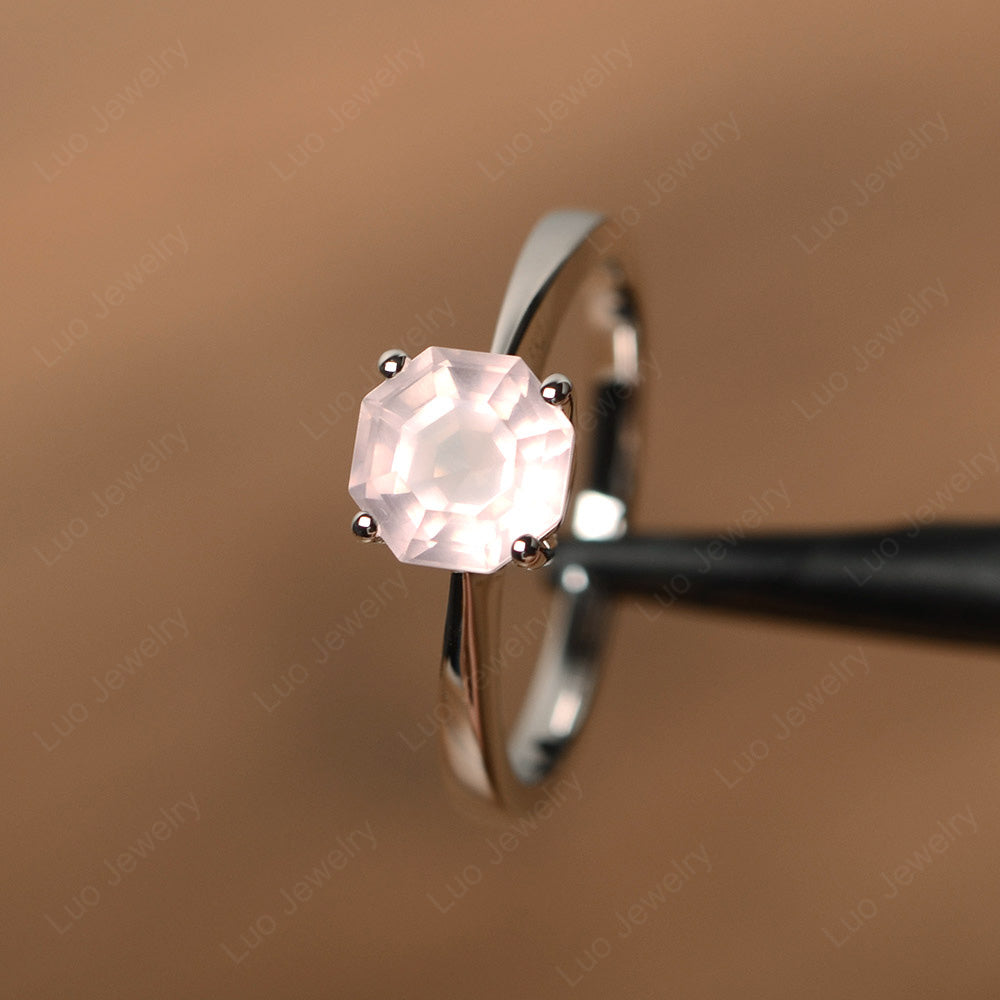 Octagon Cut Rose Quartz Solitaire Ring White Gold - LUO Jewelry