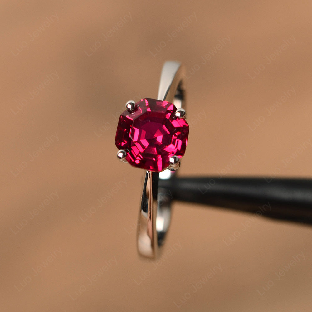 Octagon Cut Ruby Solitaire Ring White Gold - LUO Jewelry