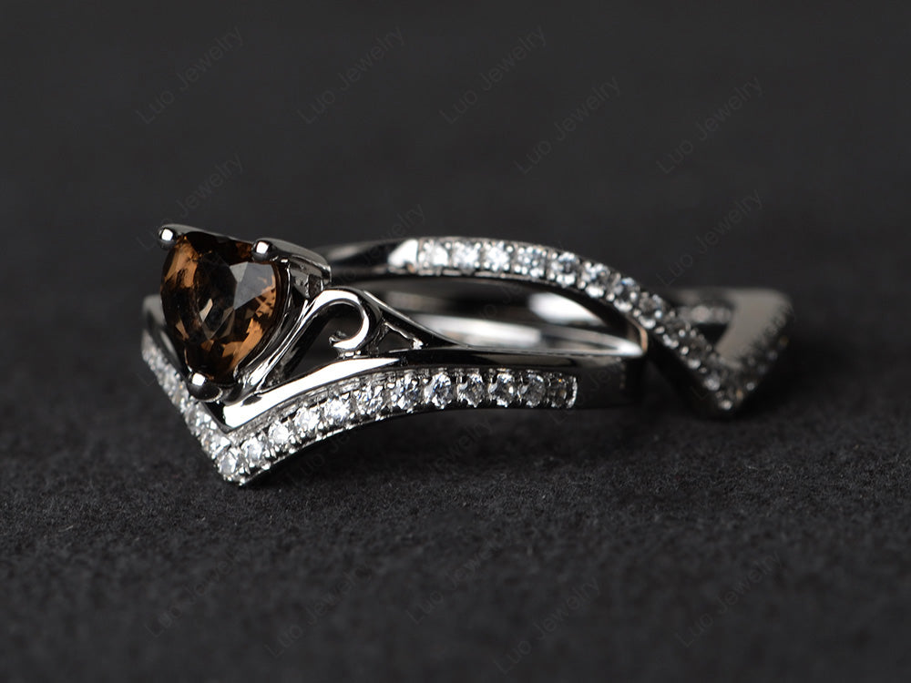 Heart Shaped Smoky Quartz Bridal Set Ring Rose Gold - LUO Jewelry