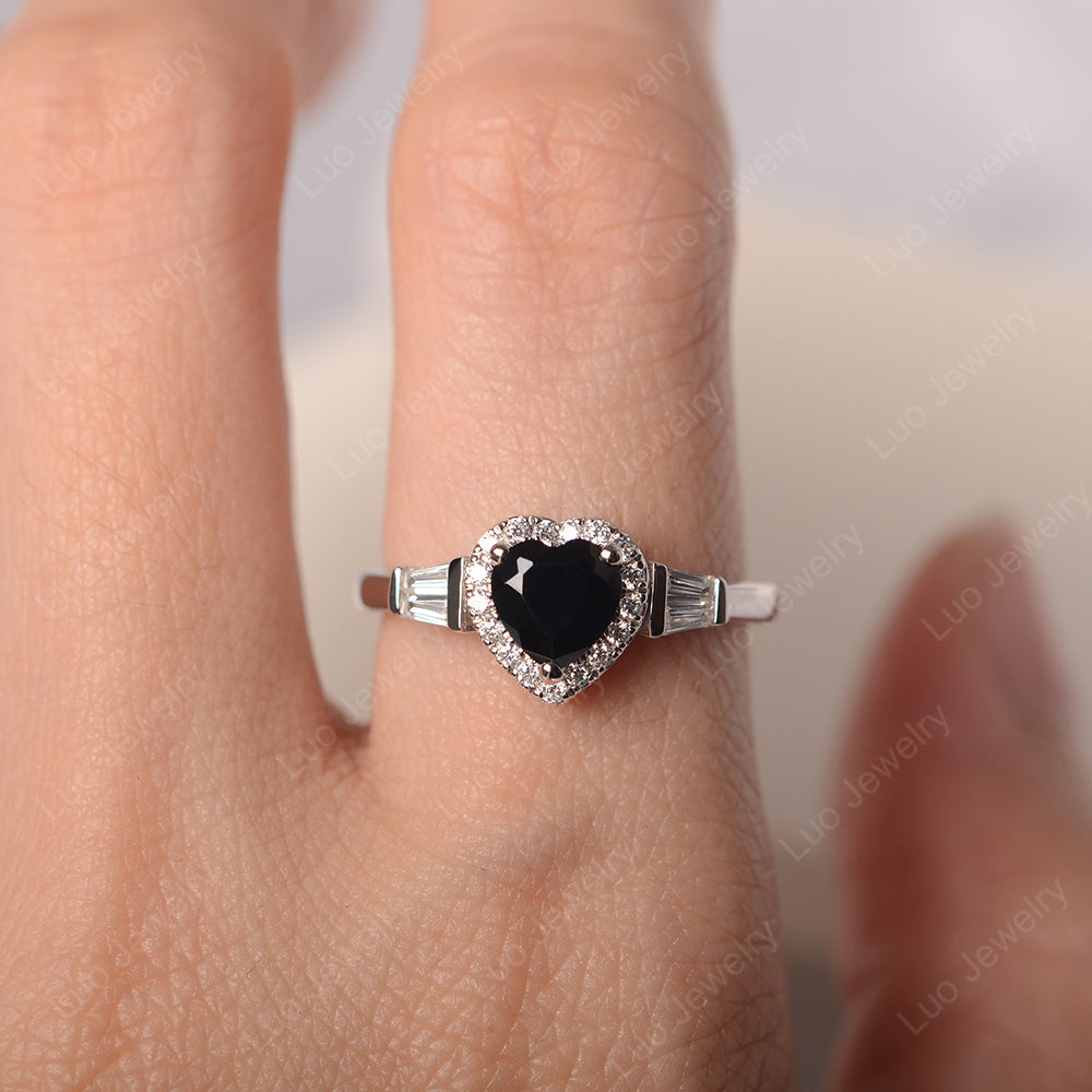 Hear Cut Black Stone Halo Wedding Ring Rose Gold - LUO Jewelry