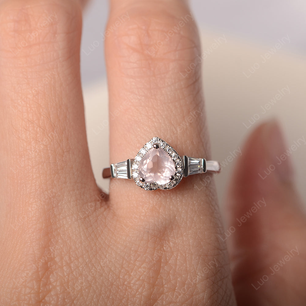 Hear Cut Rose Quartz Halo Wedding Ring Rose Gold - LUO Jewelry