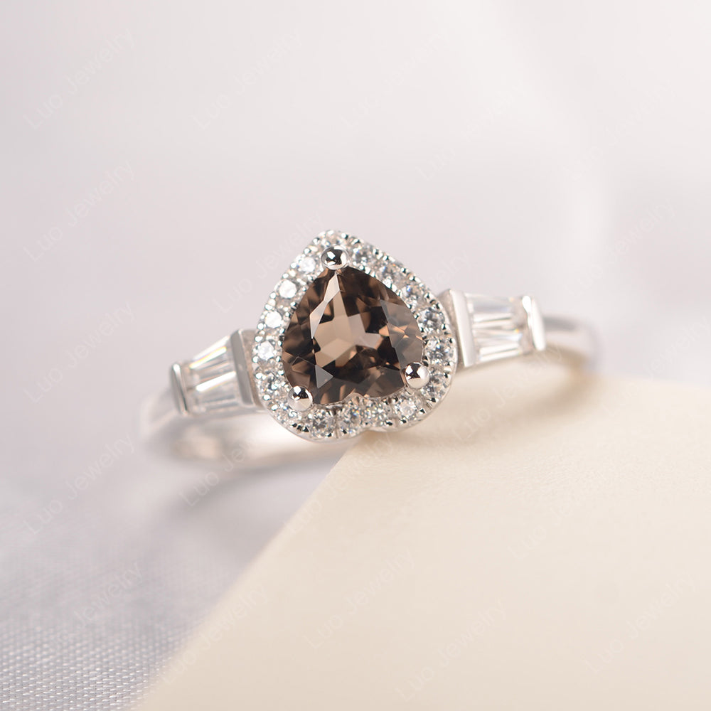 Hear Cut Smoky Quartz  Halo Wedding Ring Rose Gold - LUO Jewelry