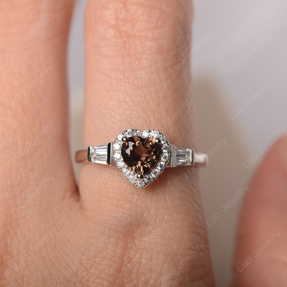 Hear Cut Smoky Quartz Halo Wedding Ring Rose Gold - LUO Jewelry