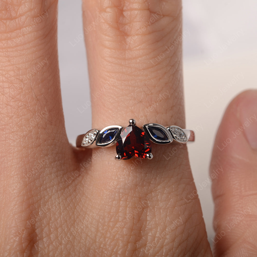 Vintage Heart Garnet Ring White Gold - LUO Jewelry