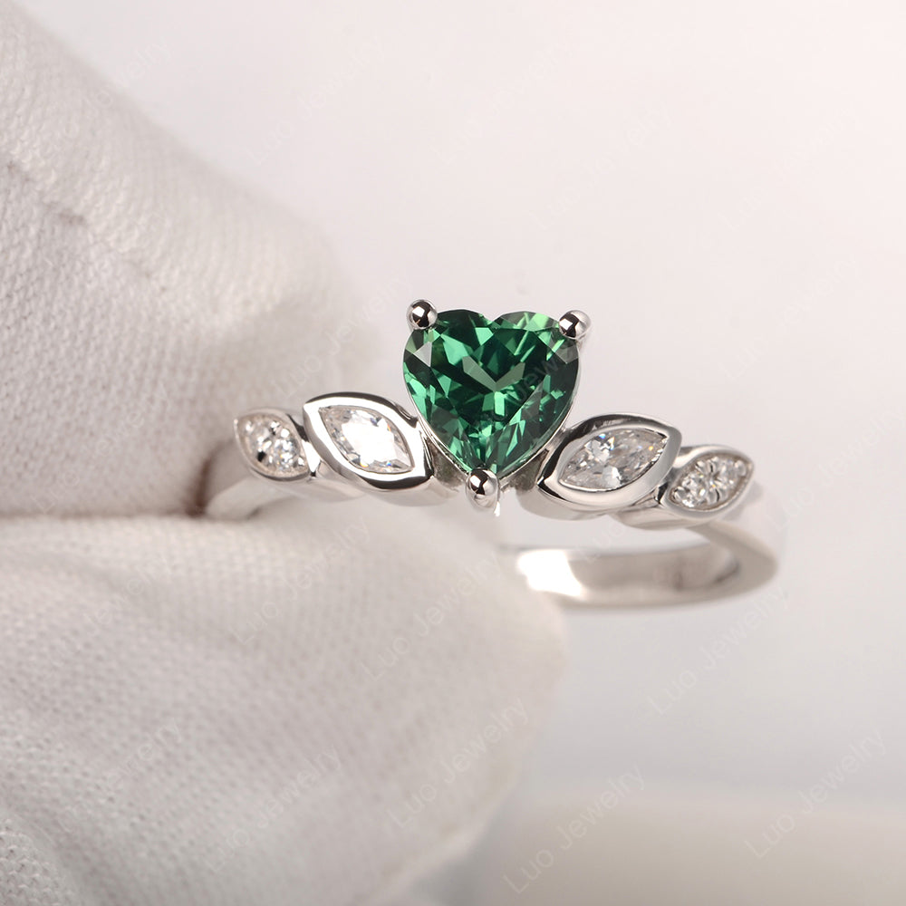 Vintage Heart Green Sapphire Ring White Gold - LUO Jewelry