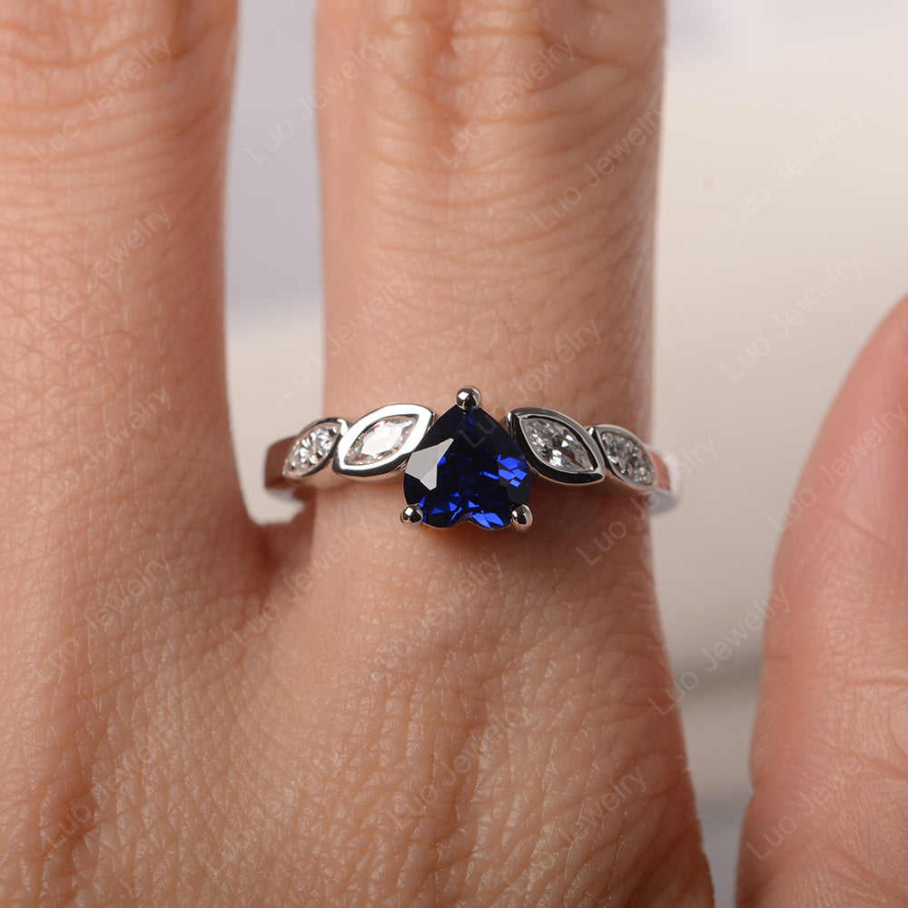 Vintage Heart Lab Sapphire Ring White Gold - LUO Jewelry