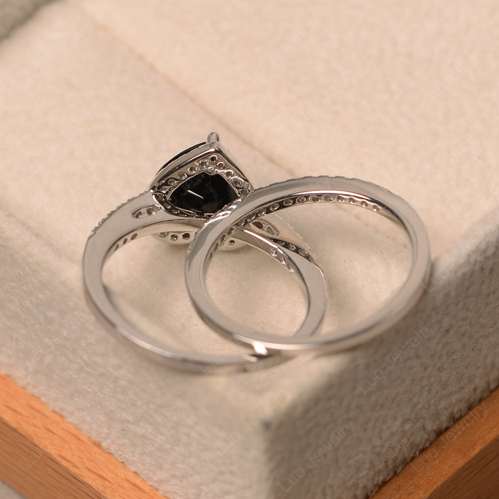 Heart Shaped Black Spinel Halo Bridal Set Ring - LUO Jewelry